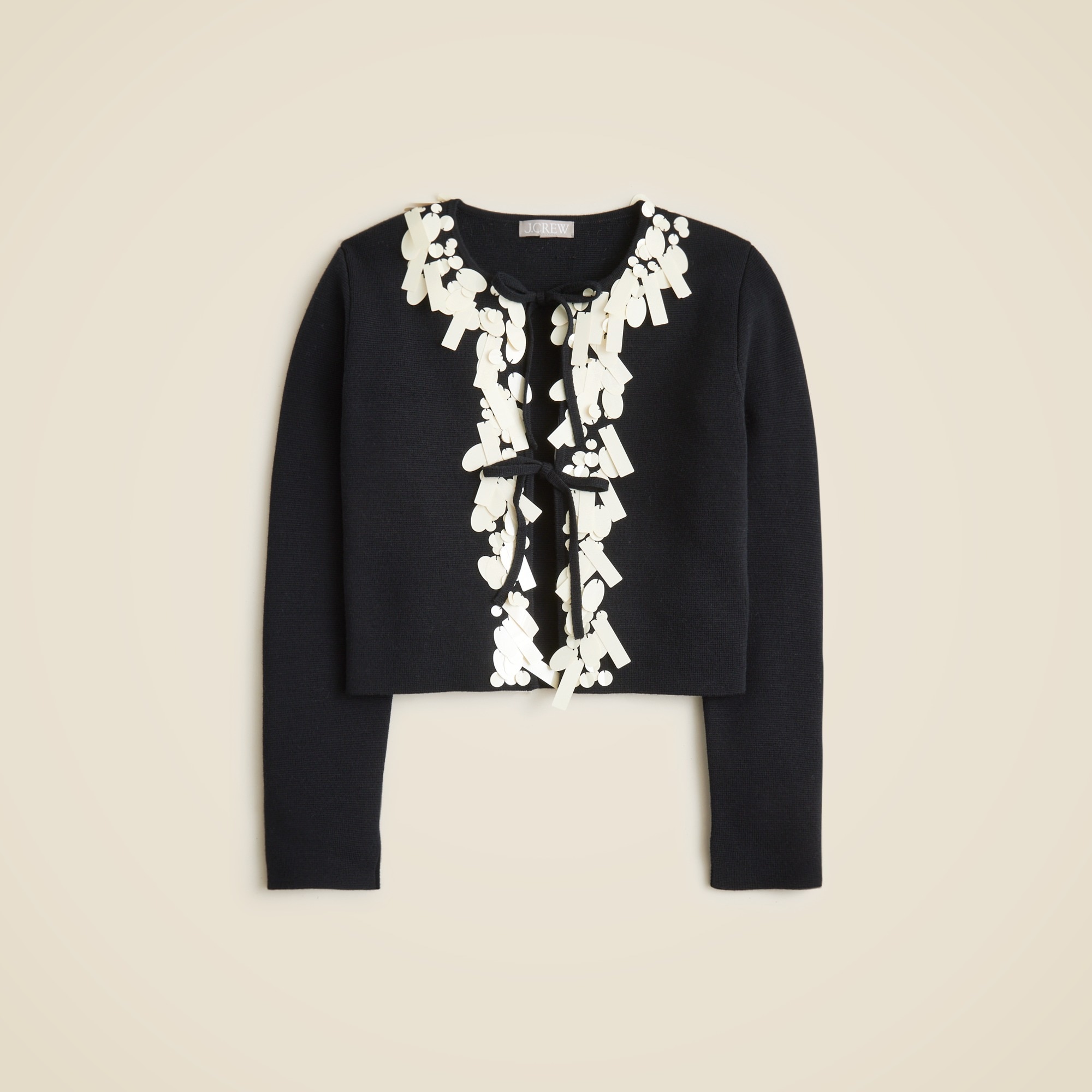 Sequin tie-front cardigan in merino wool