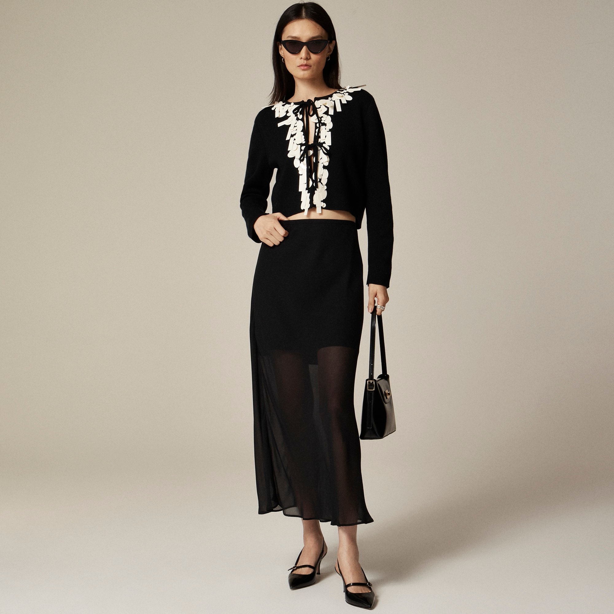 Sequin tie-front cardigan in merino wool