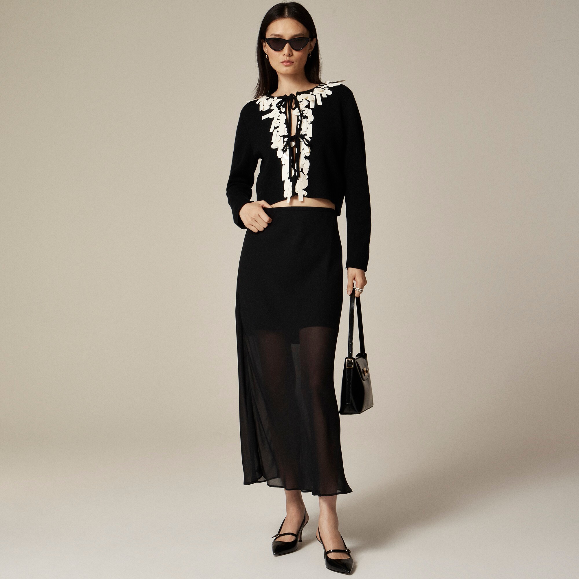 Sequin tie-front cardigan in merino wool