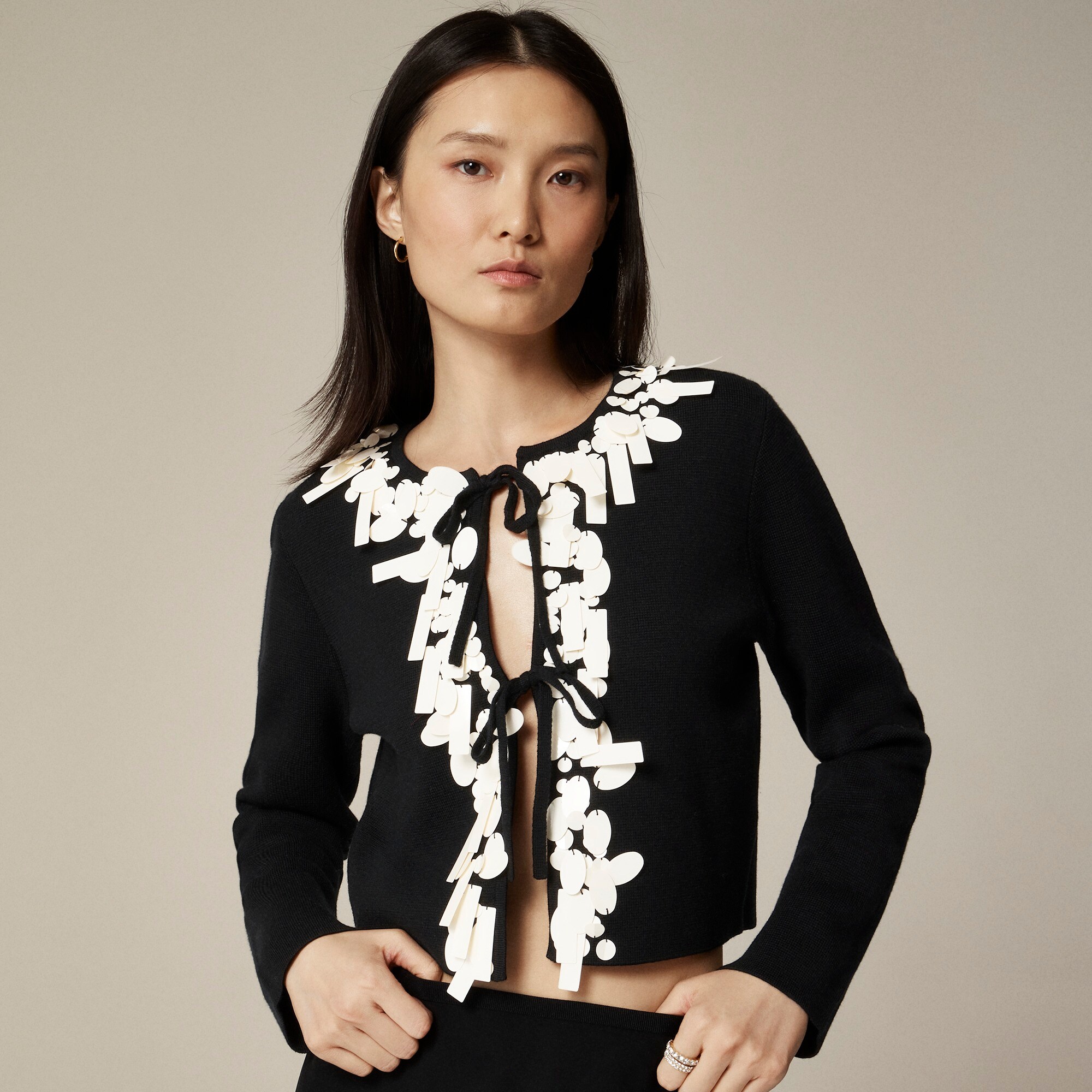 Sequin tie-front cardigan in merino wool