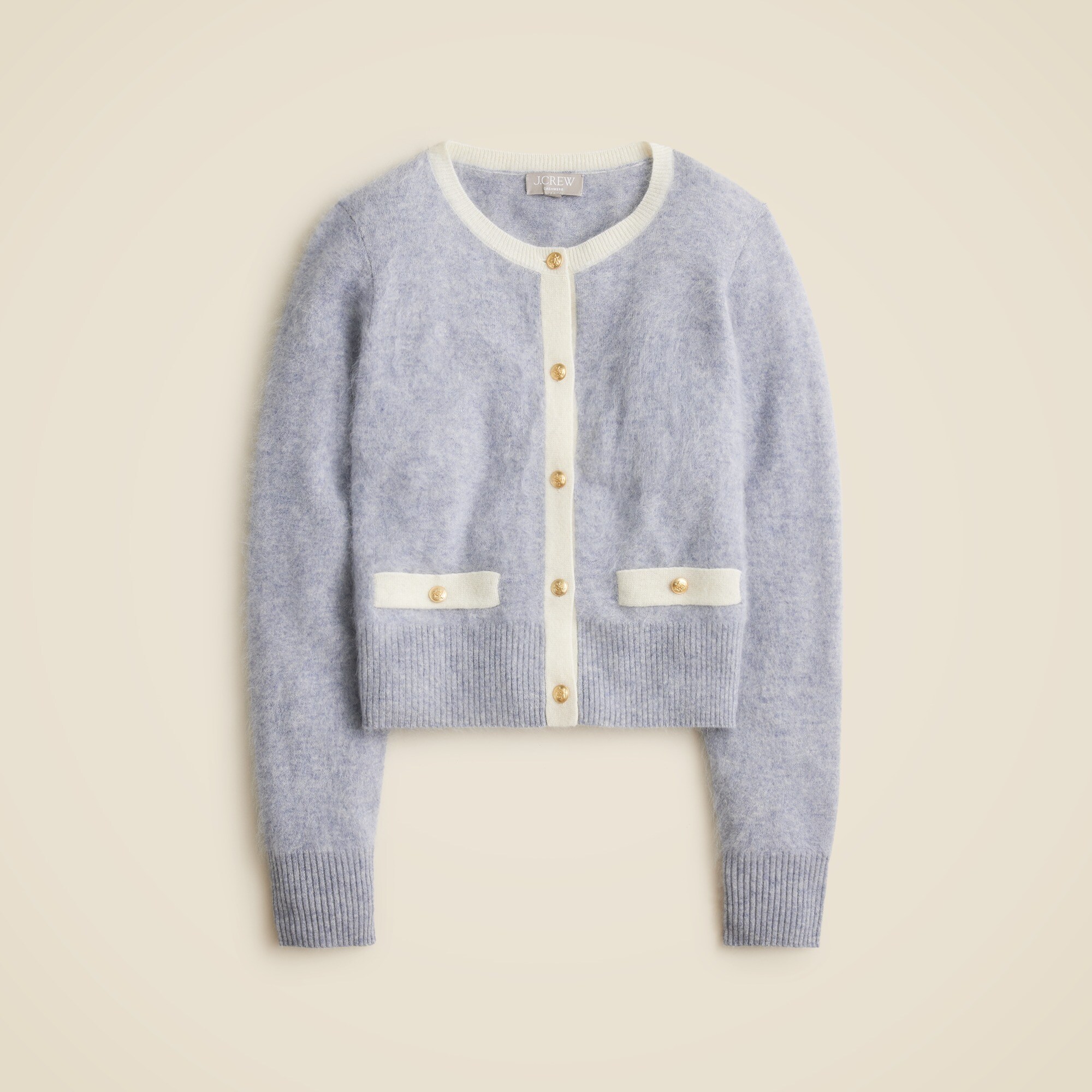 Brushed cashmere fitted cardigan with contrast trim