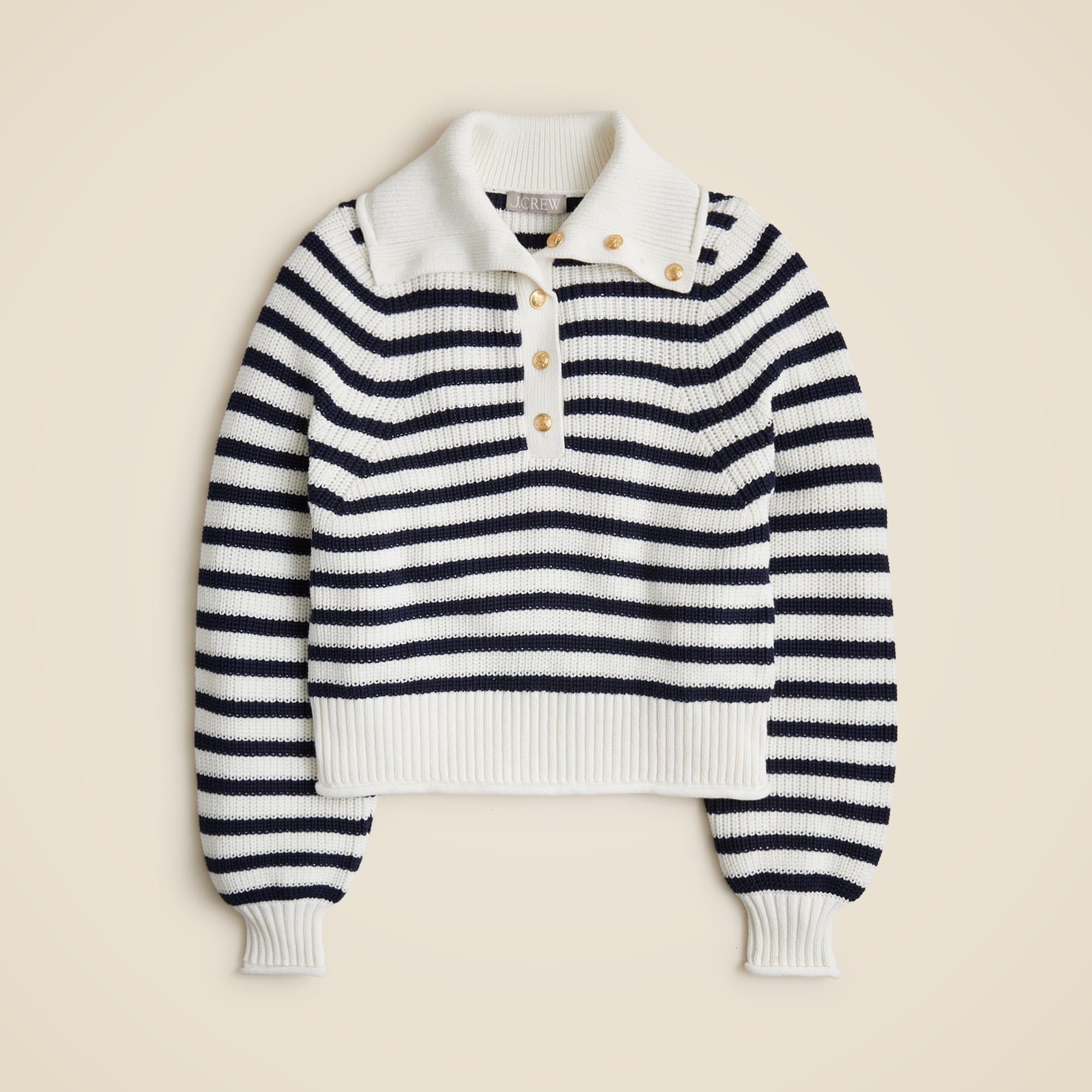 Ribbed cotton turtleneck sweater with buttons in stripe