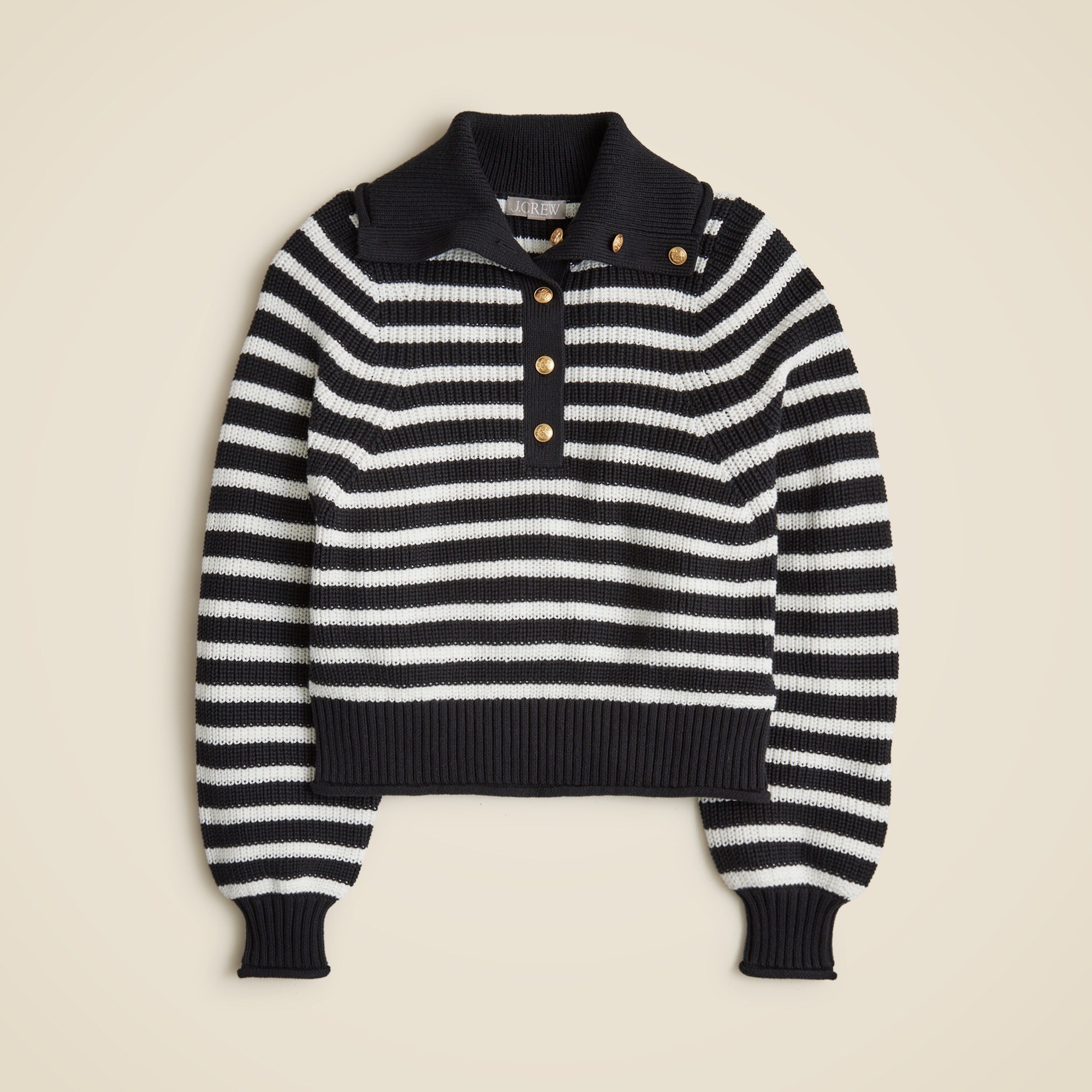 Ribbed cotton turtleneck sweater with buttons in stripe