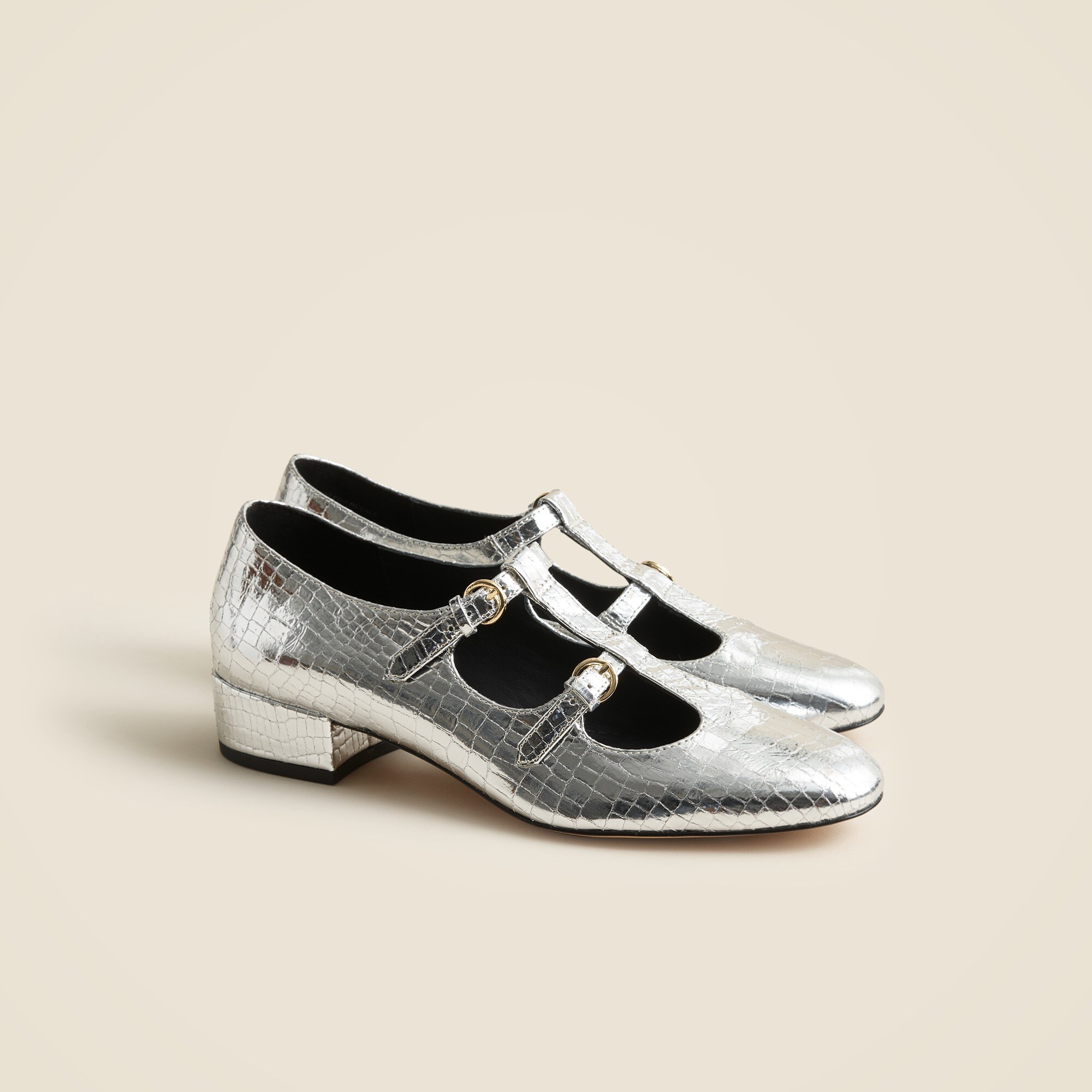 Teagan T-strap heels in metallic croc-embossed leather