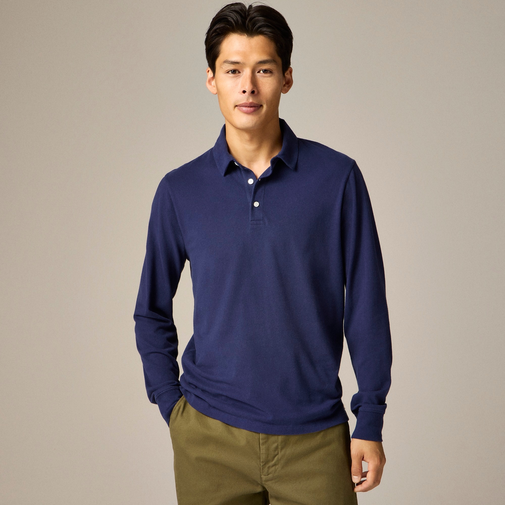 Long-Sleeve Sueded Cotton Polo Shirt