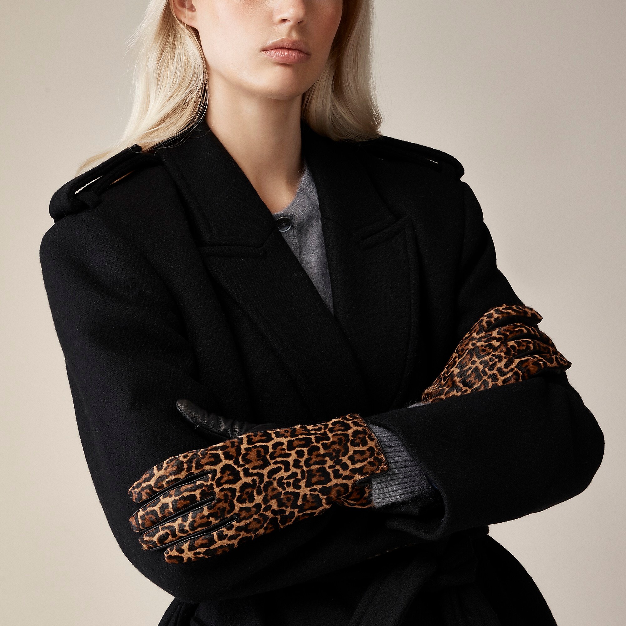Leopard-print calf hair and leather touch-tech gloves