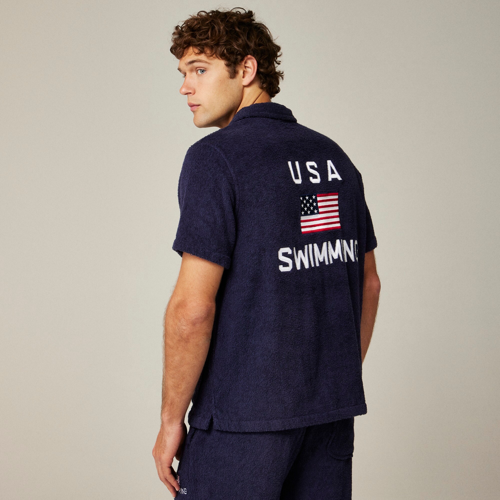  Limited-edition USA Swimming&reg; X J.Crew terry cloth four-pocket graphic camp-collar shirt