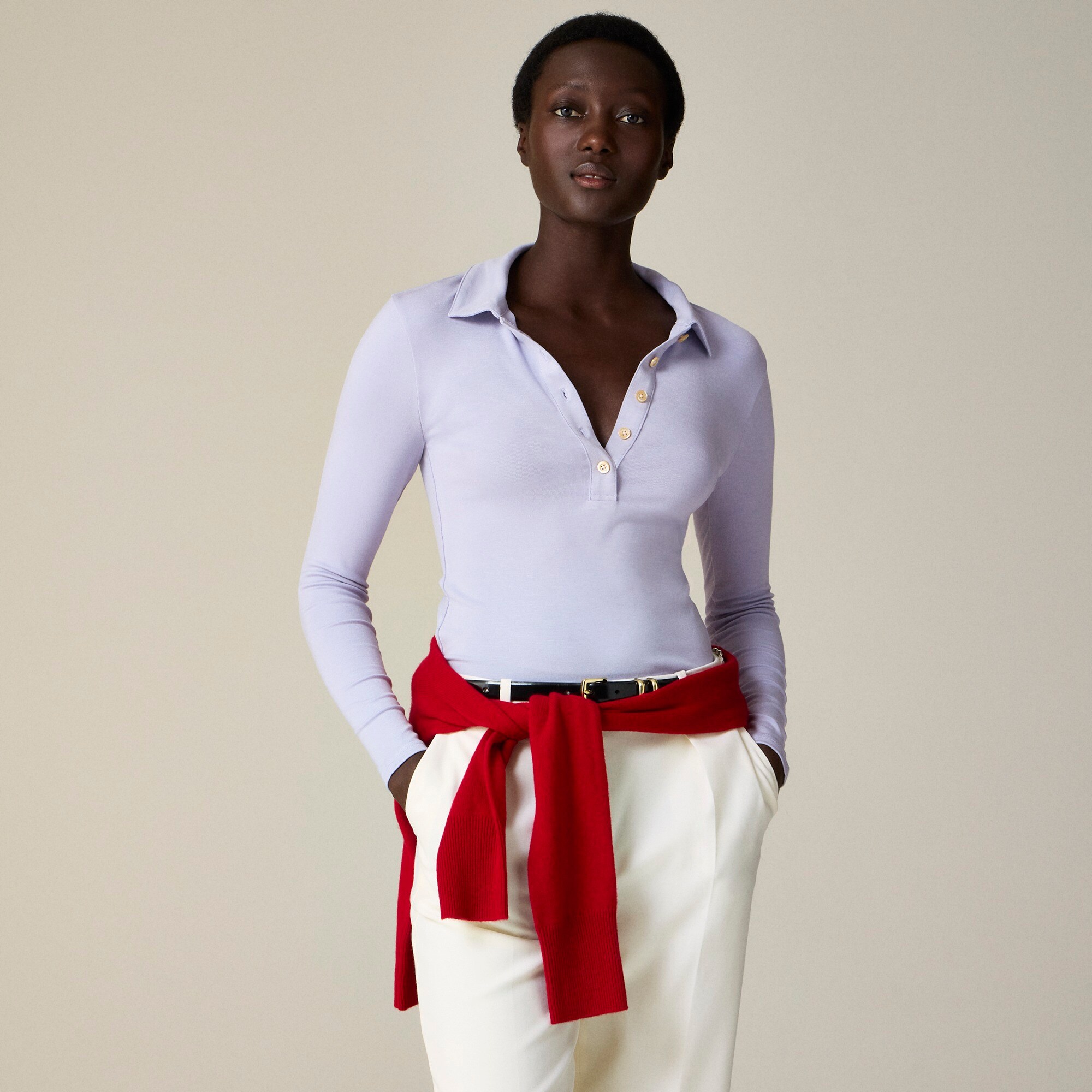 Refined rib long-sleeve polo shirt