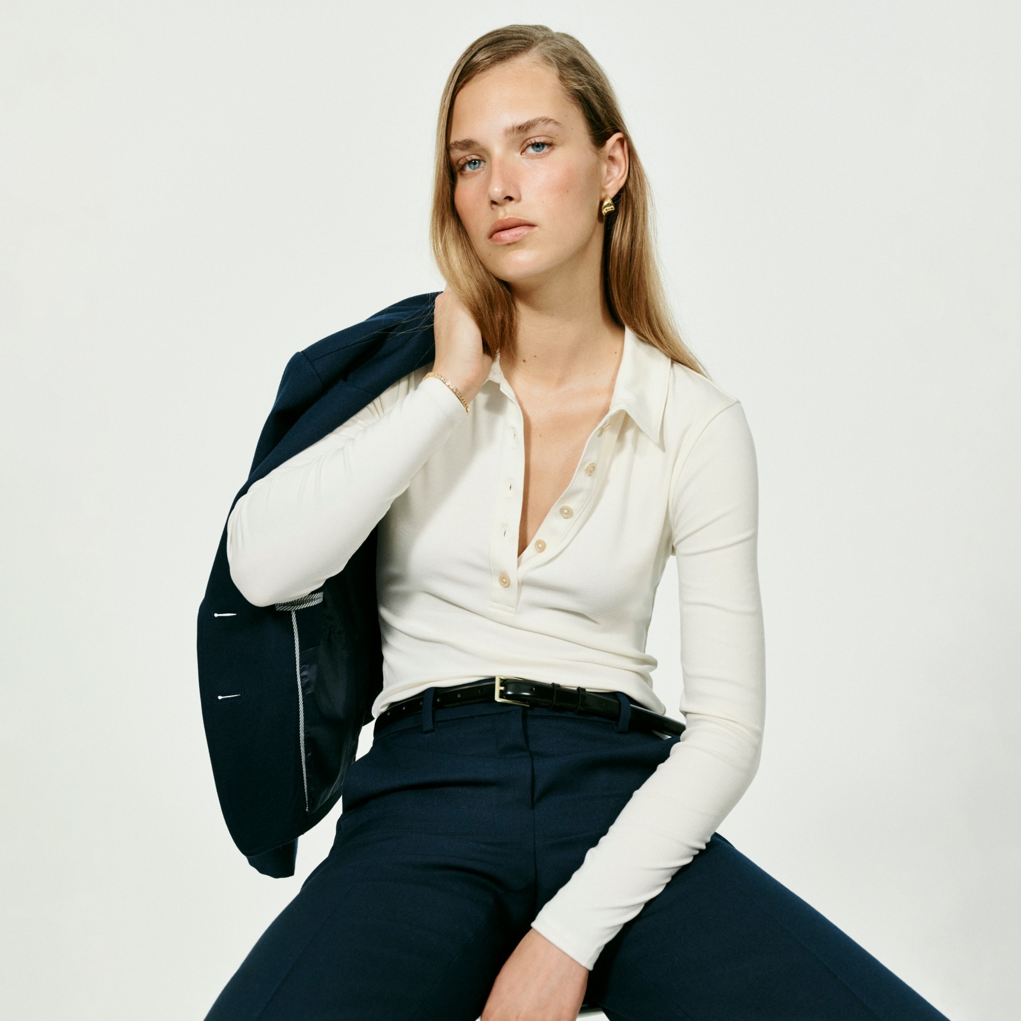 Refined rib long-sleeve polo shirt