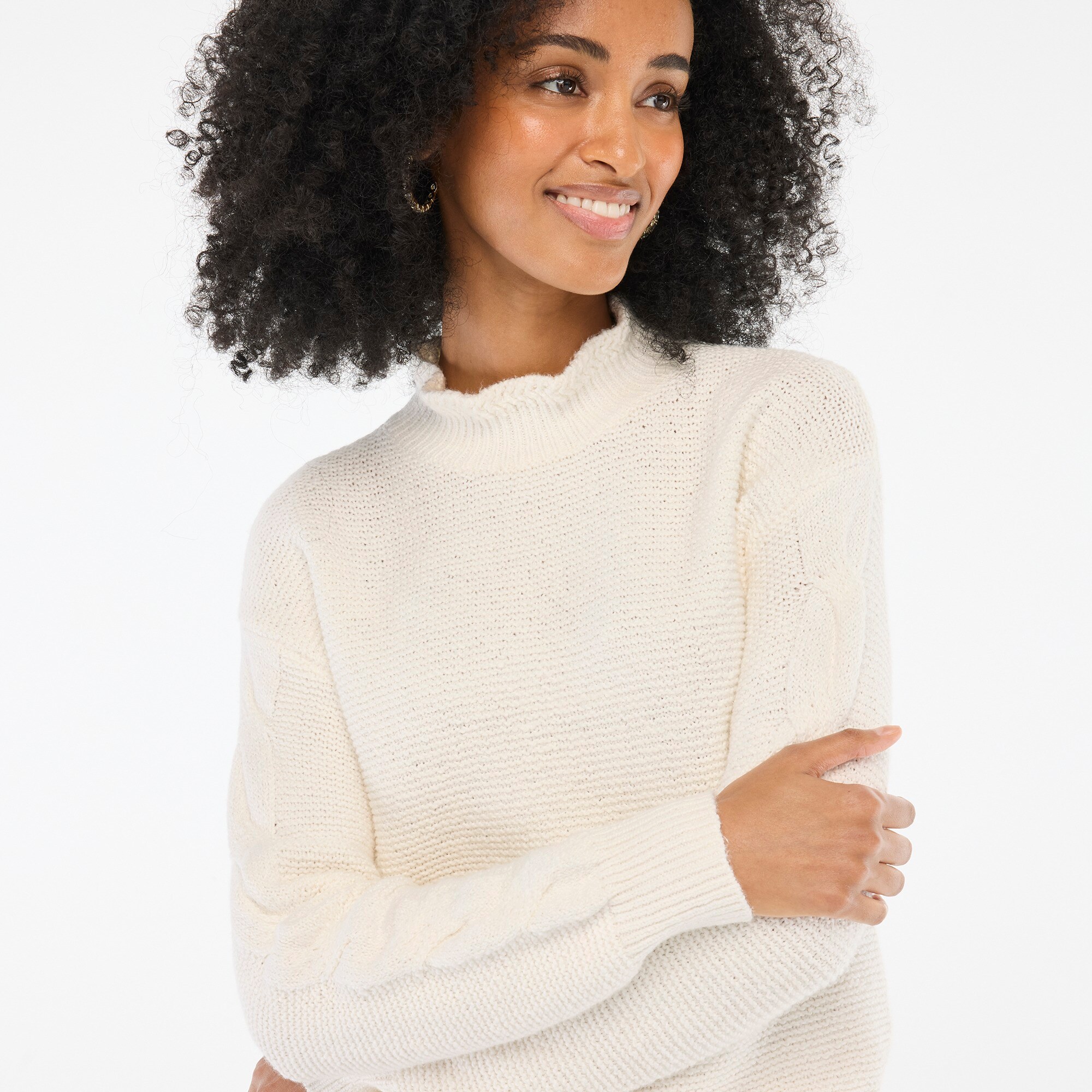 Mockneck cable-sleeve sweater