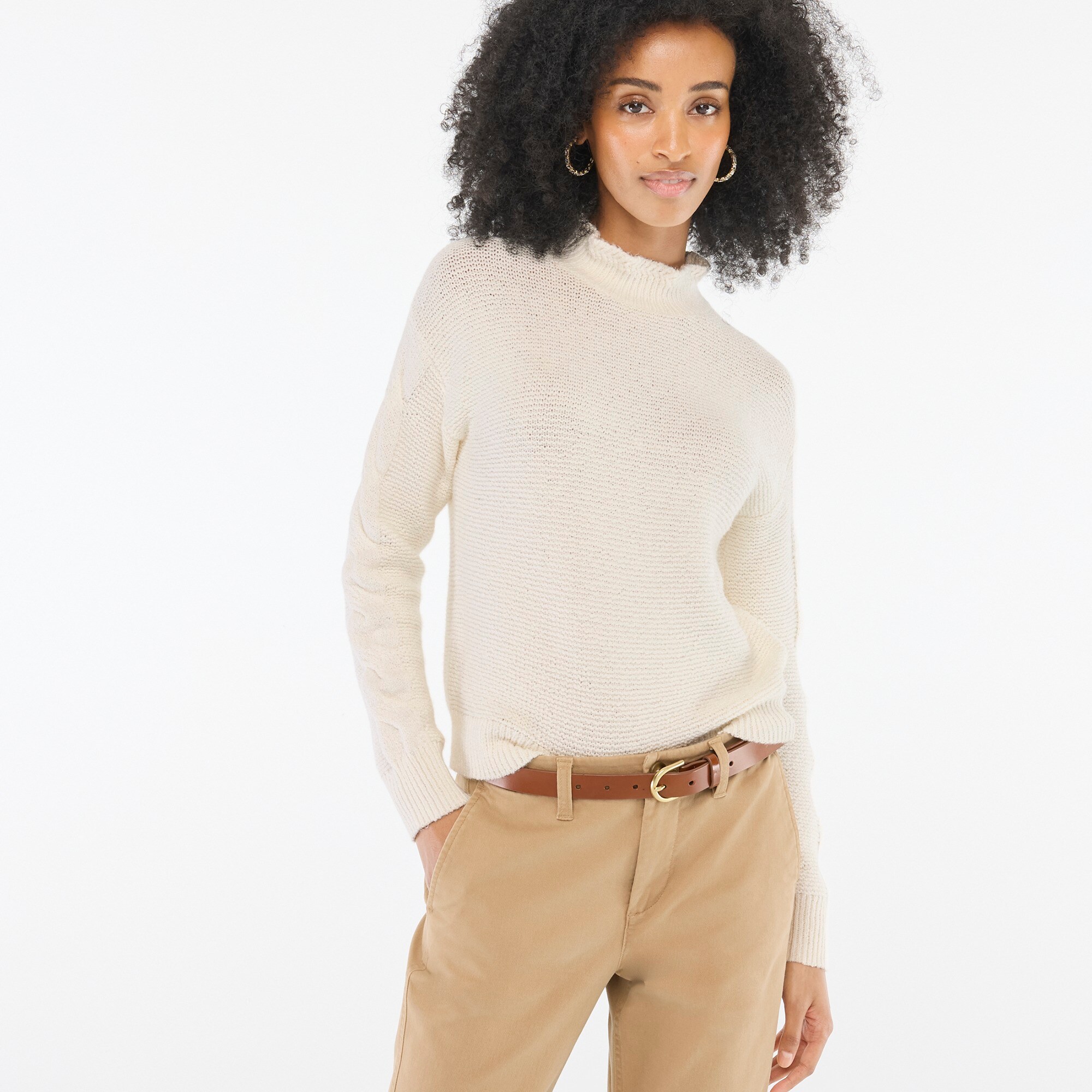 Mockneck cable-sleeve sweater
