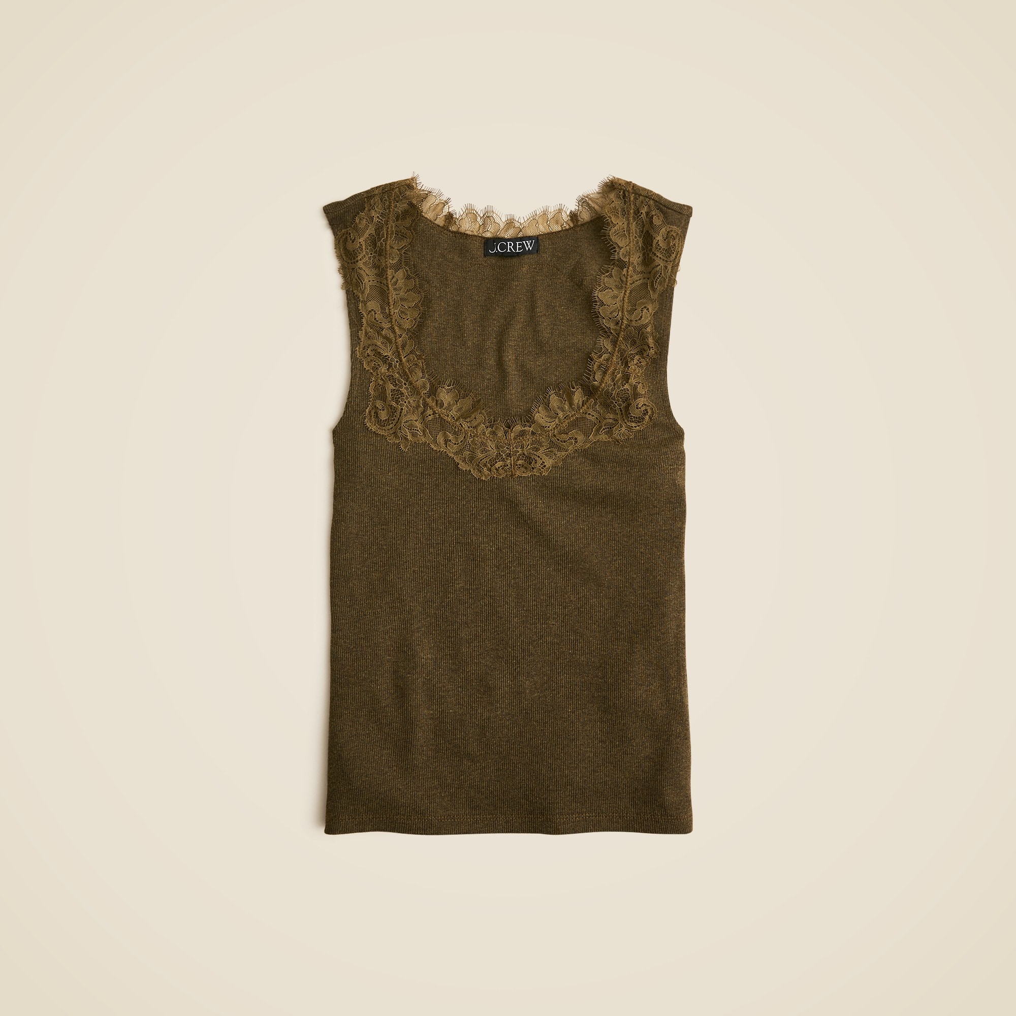 Fine rib scoopneck tank top with lace trim