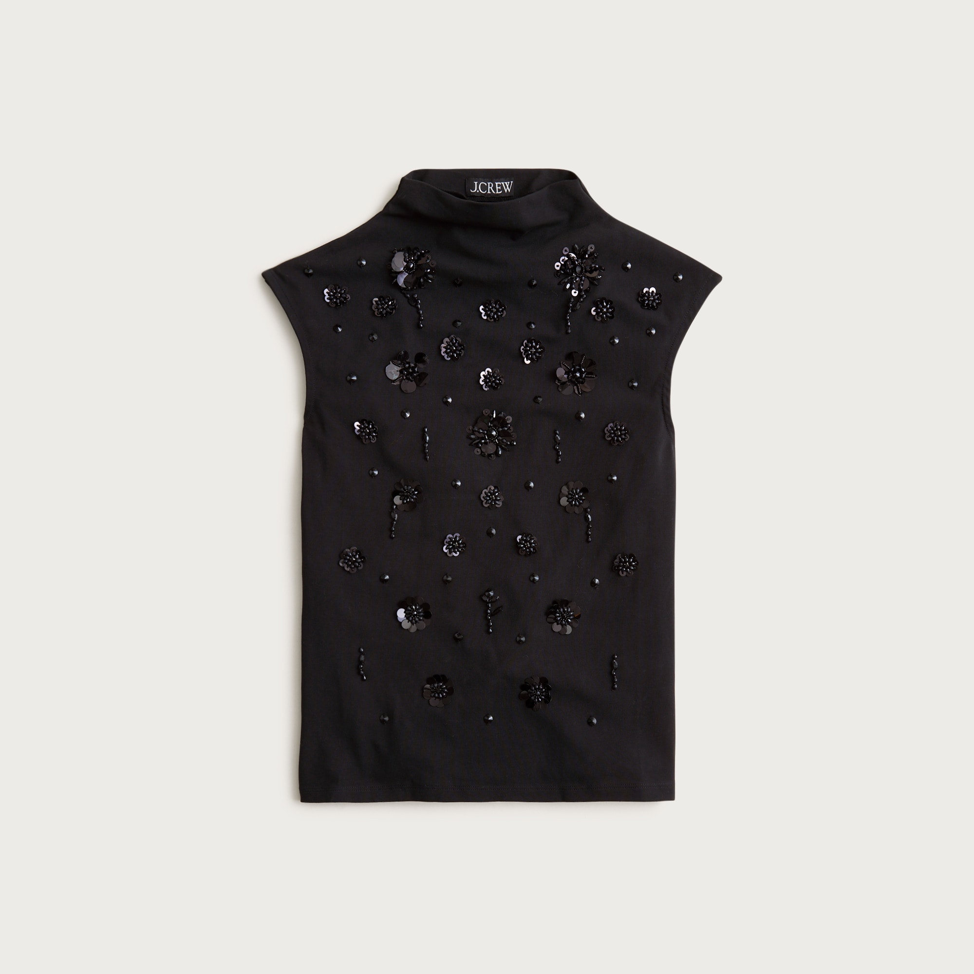 Stretch cotton-blend mockneck with floral embellishment