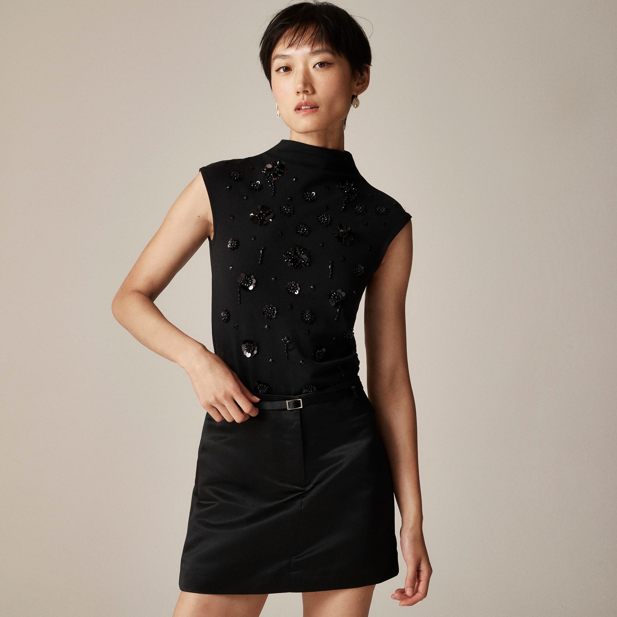 Stretch cotton-blend mockneck with floral embellishment - image 2