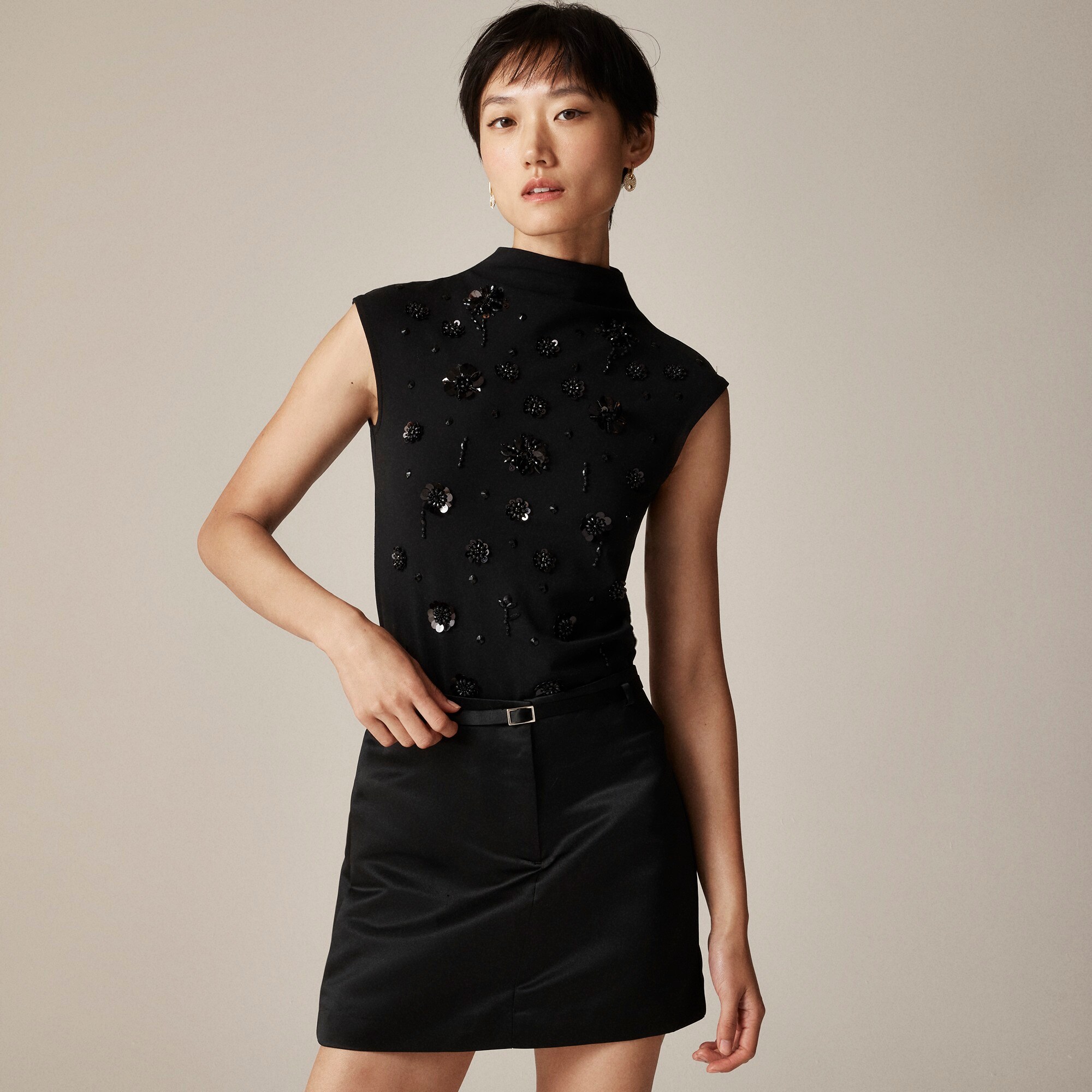  Stretch cotton-blend mockneck with floral embellishment
