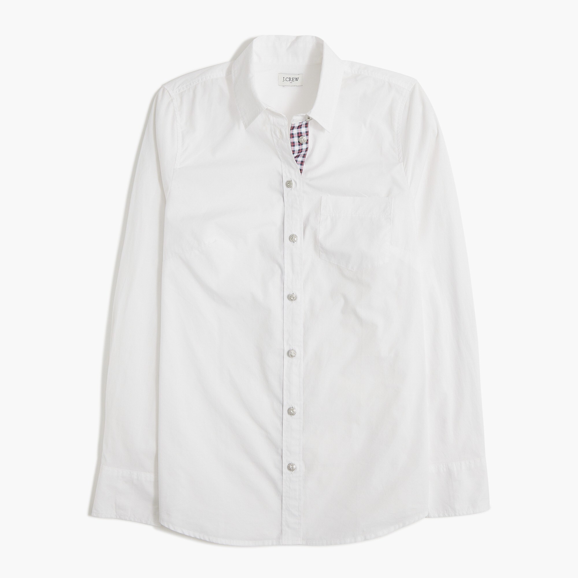Tartan placket jeweled button-up cotton poplin shirt in signature fit