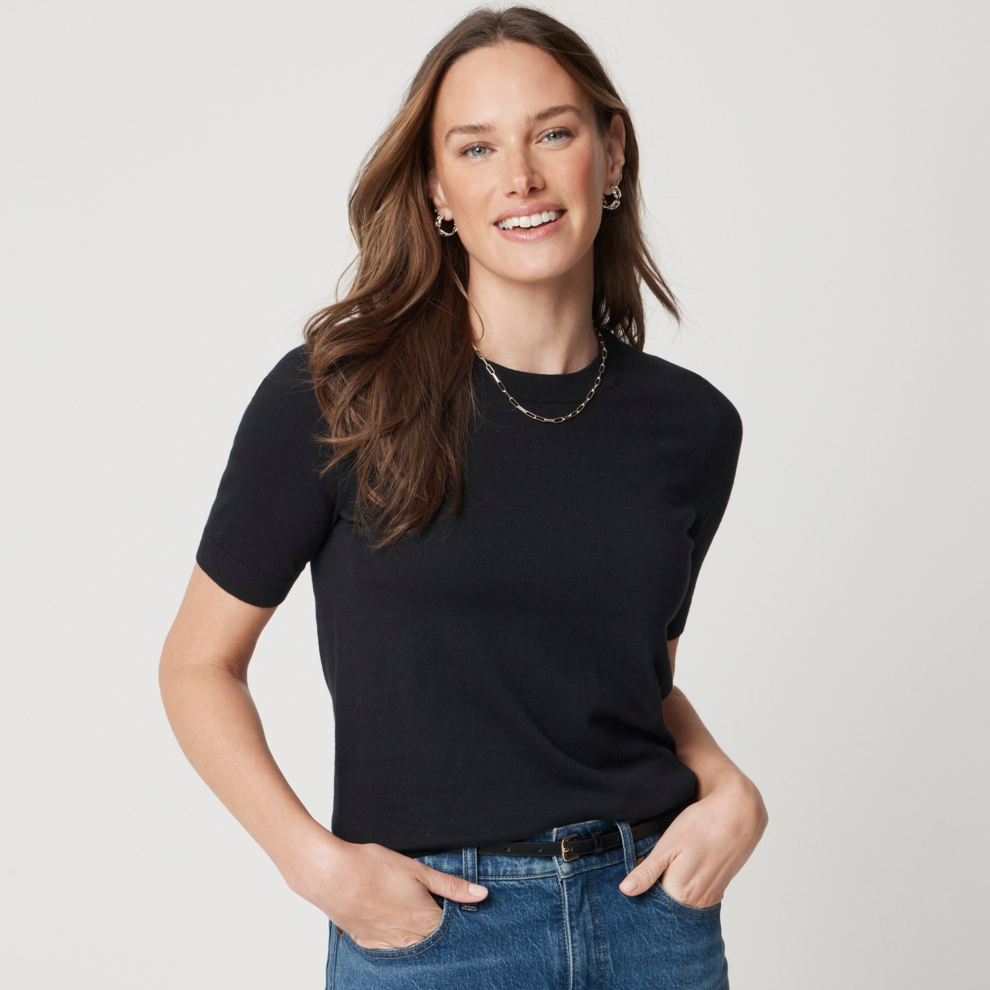 womens Short-sleeve cotton crewneck sweater