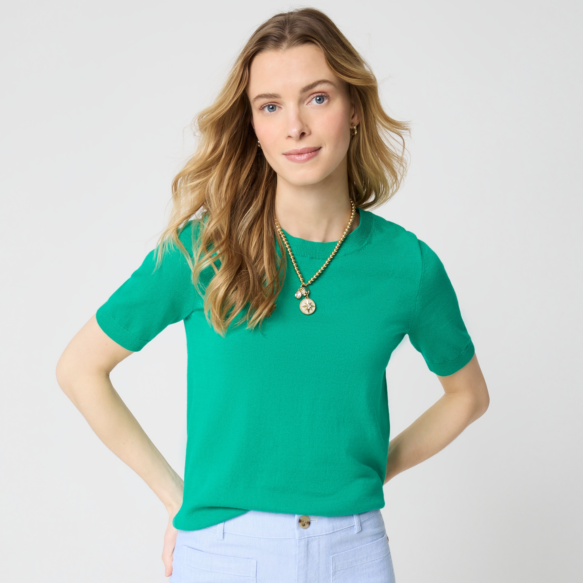 Short-sleeve cotton crewneck sweater