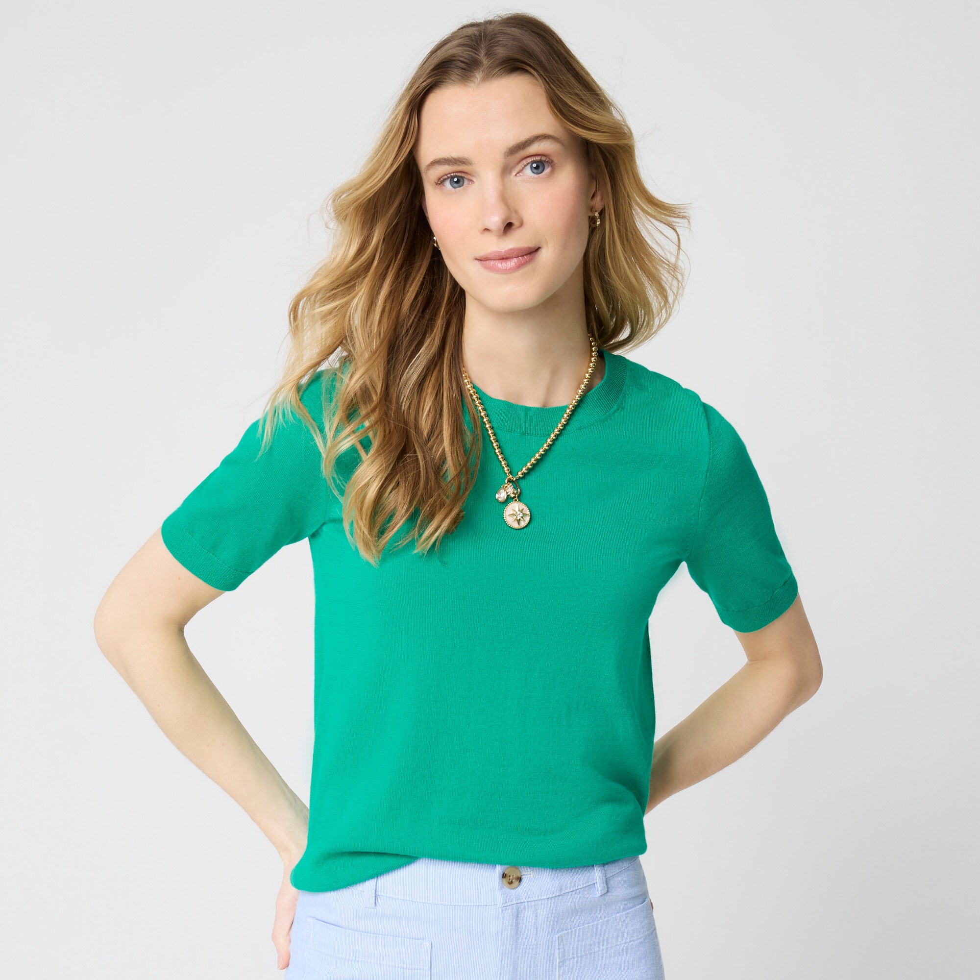Short-sleeve cotton crewneck sweater