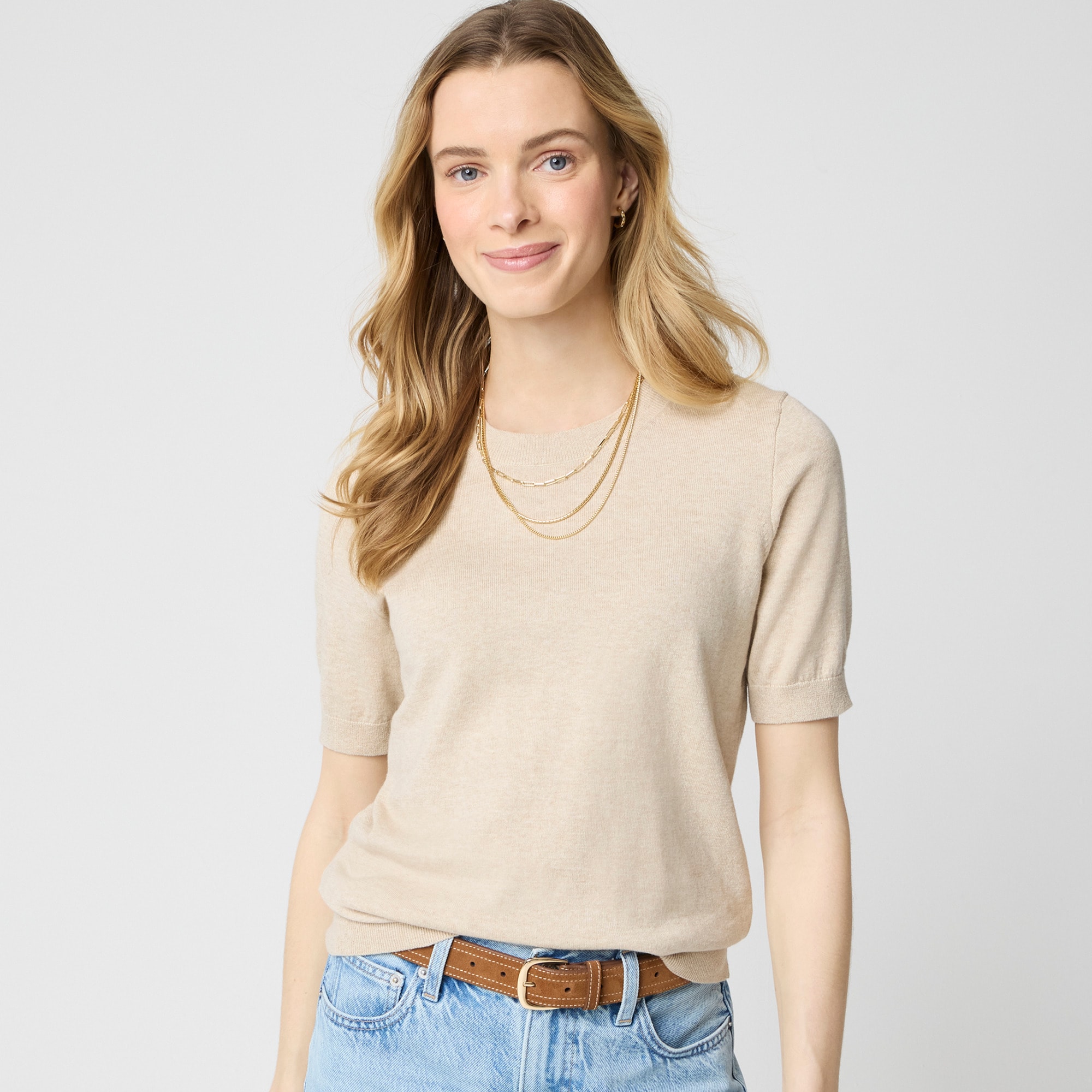 Short-sleeve cotton crewneck sweater
