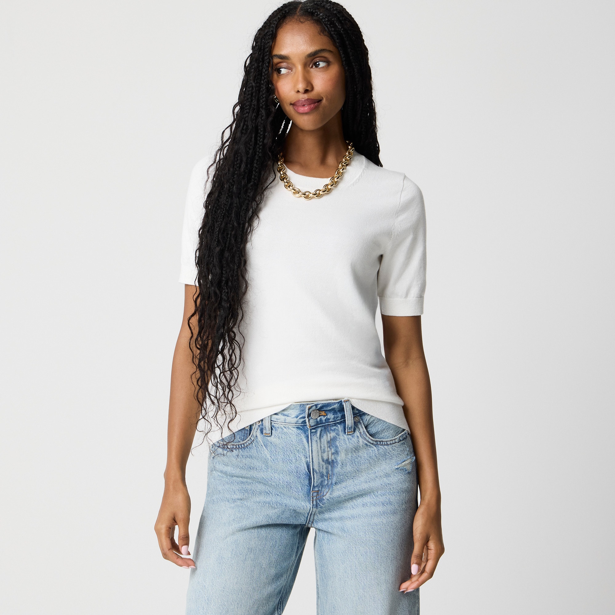 womens Short-sleeve cotton crewneck sweater