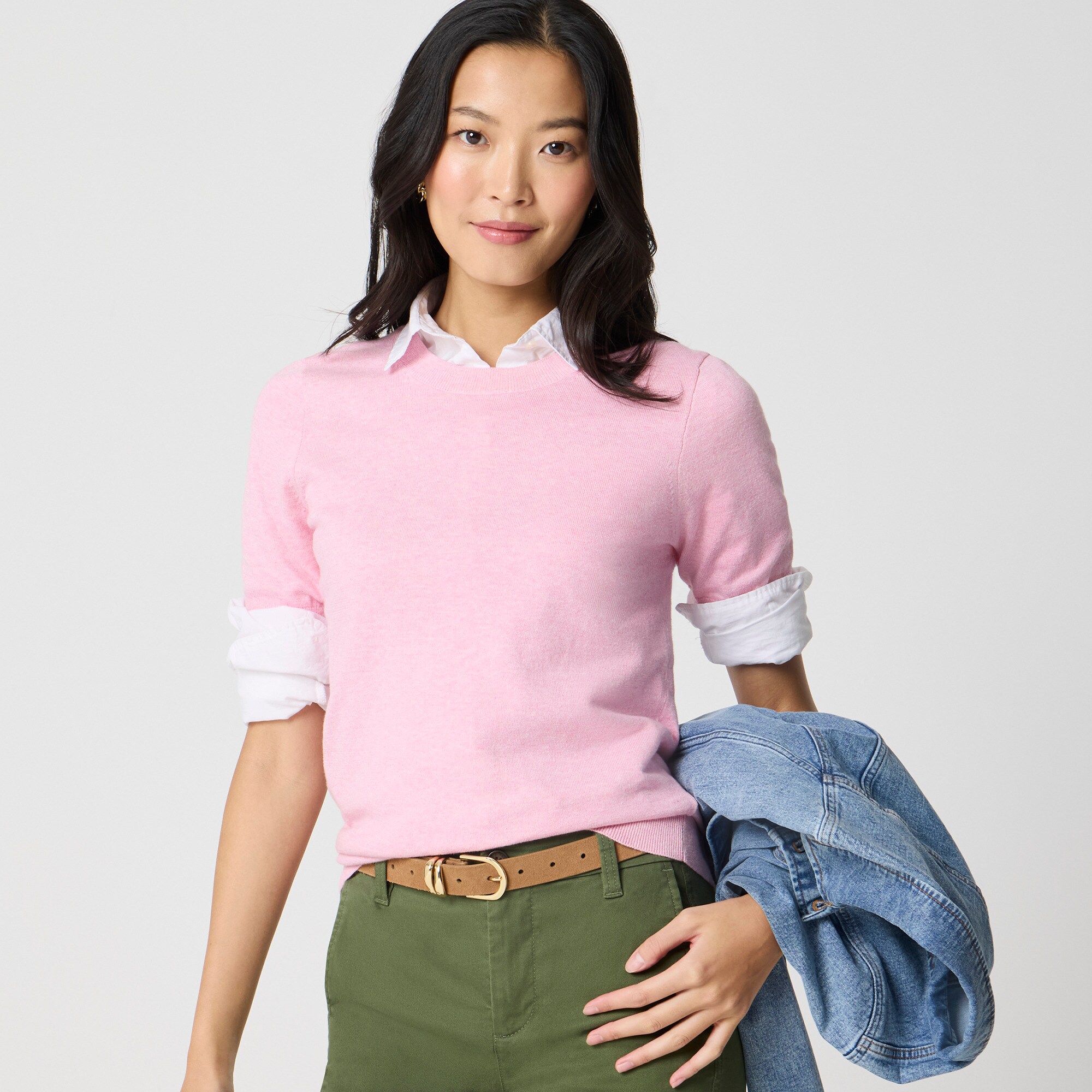 womens Short-sleeve cotton crewneck sweater