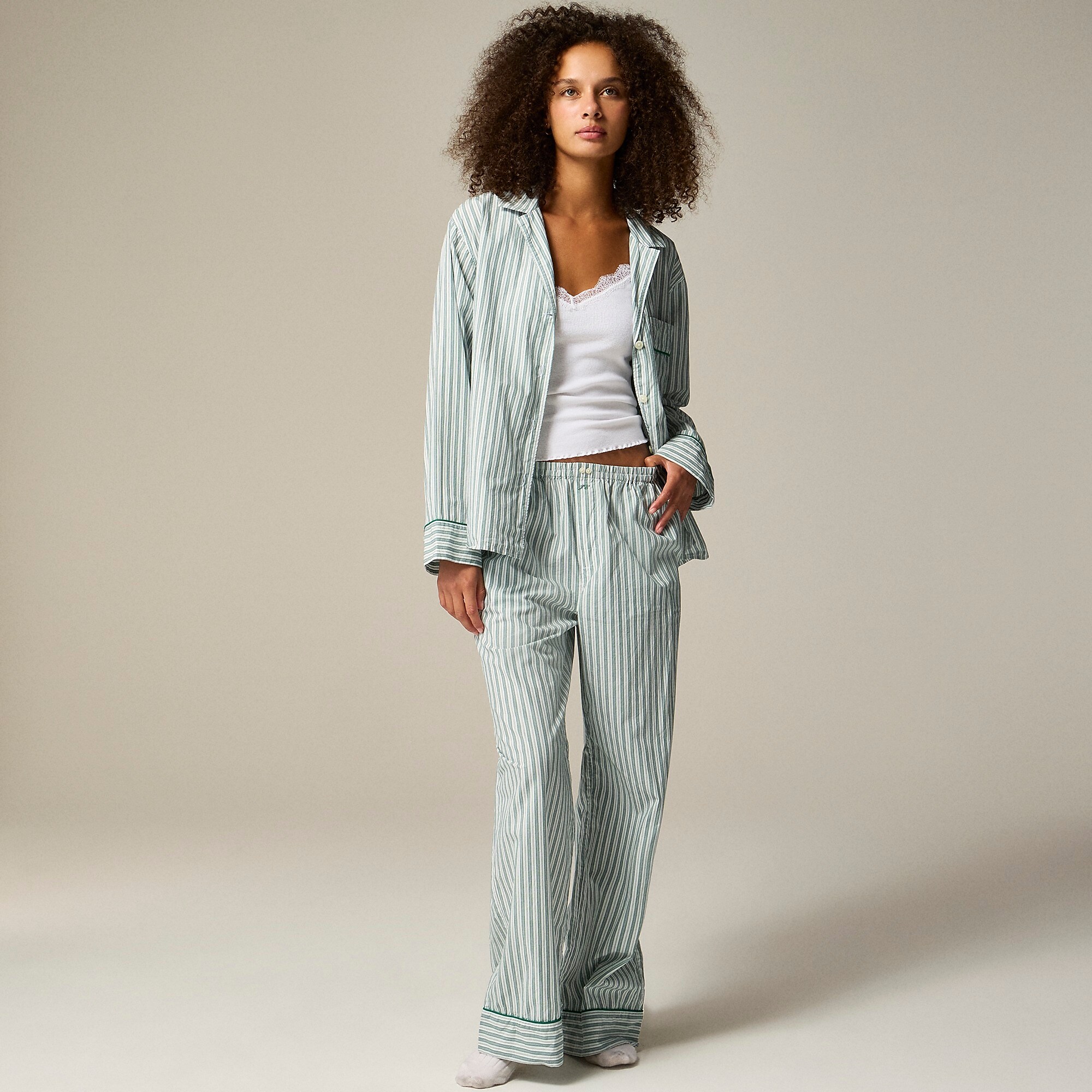 Pajama pant set in striped cotton poplin