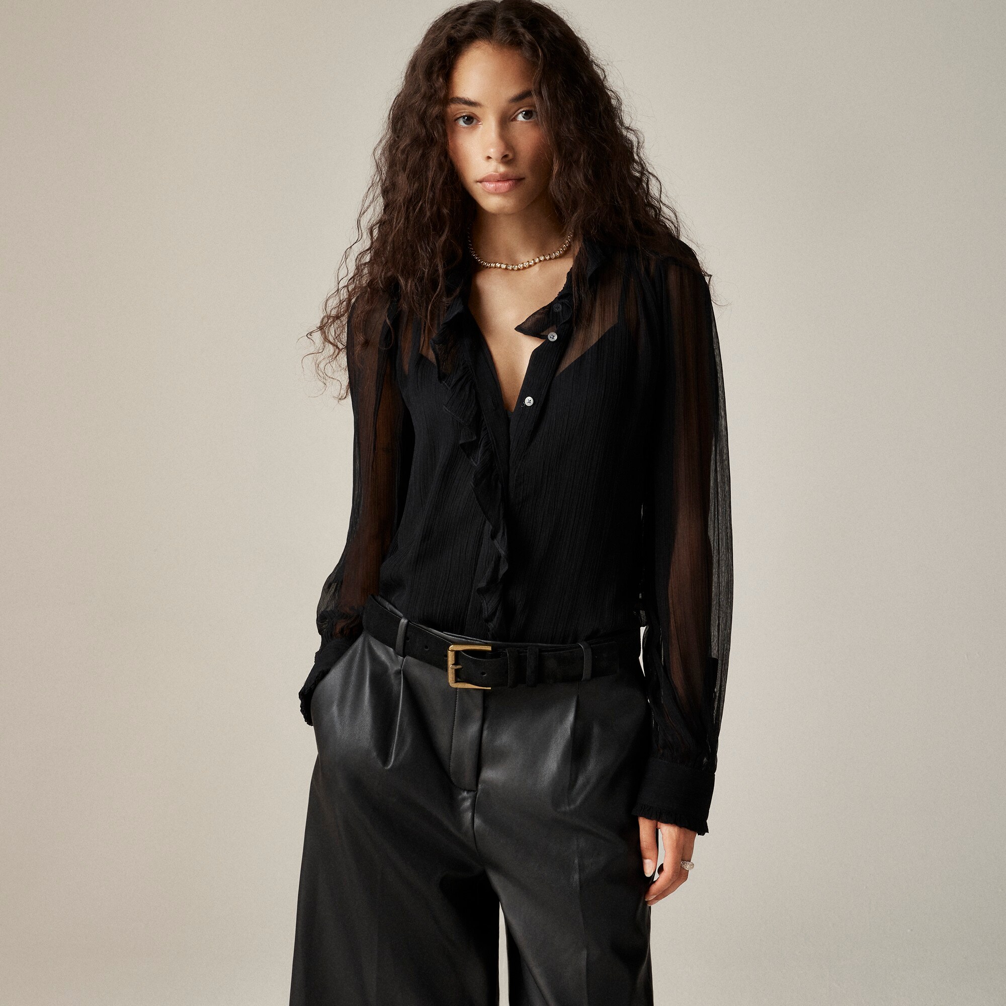  Ruffle button-up shirt in crinkle chiffon