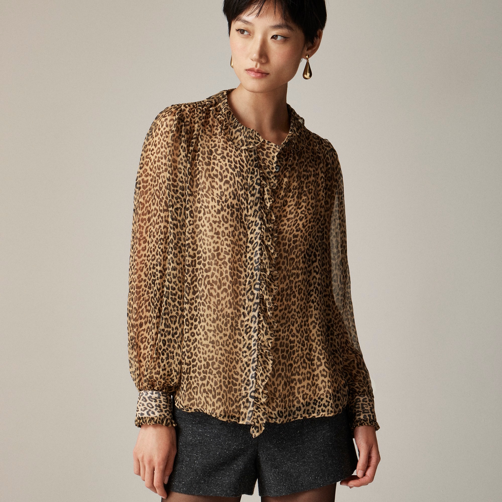 Ruffle button-up shirt in leopard-print crinkle chiffon