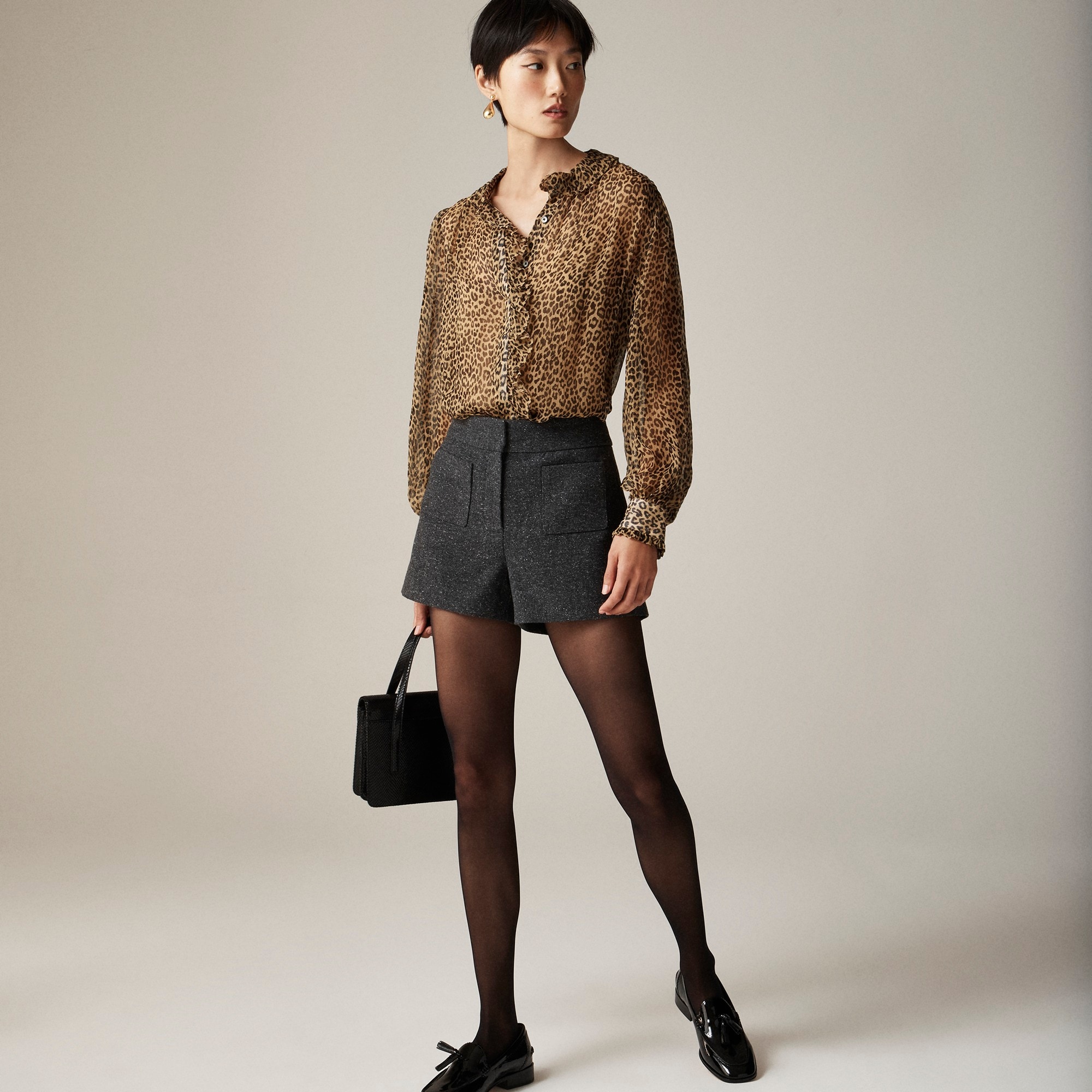 Ruffle button-up shirt in leopard-print crinkle chiffon