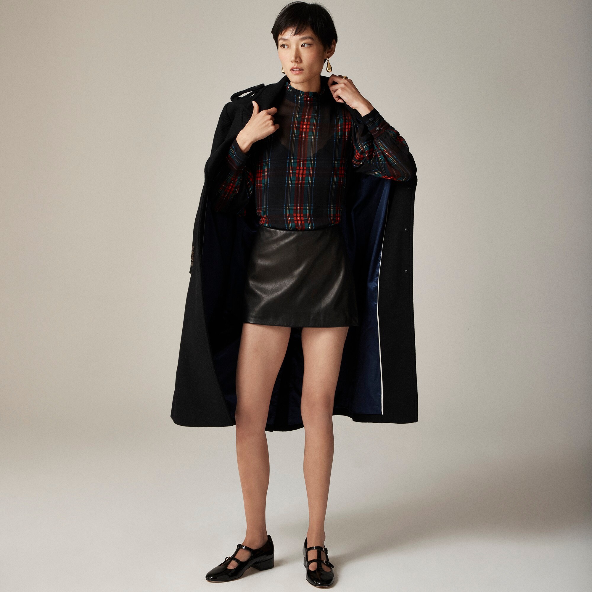Ruffleneck Top In Stewart Tartan Chiffon For Women