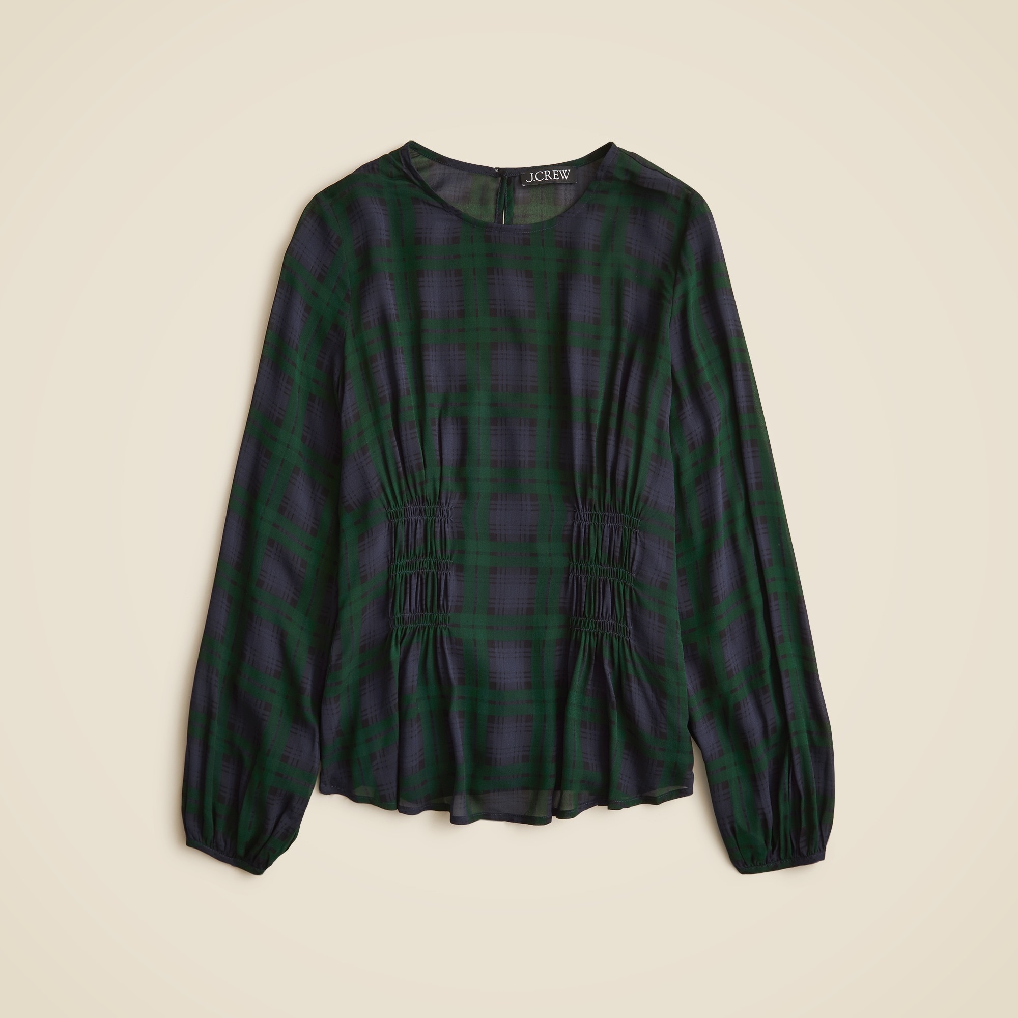 Chiffon shirred-waist top in Black Watch tartan