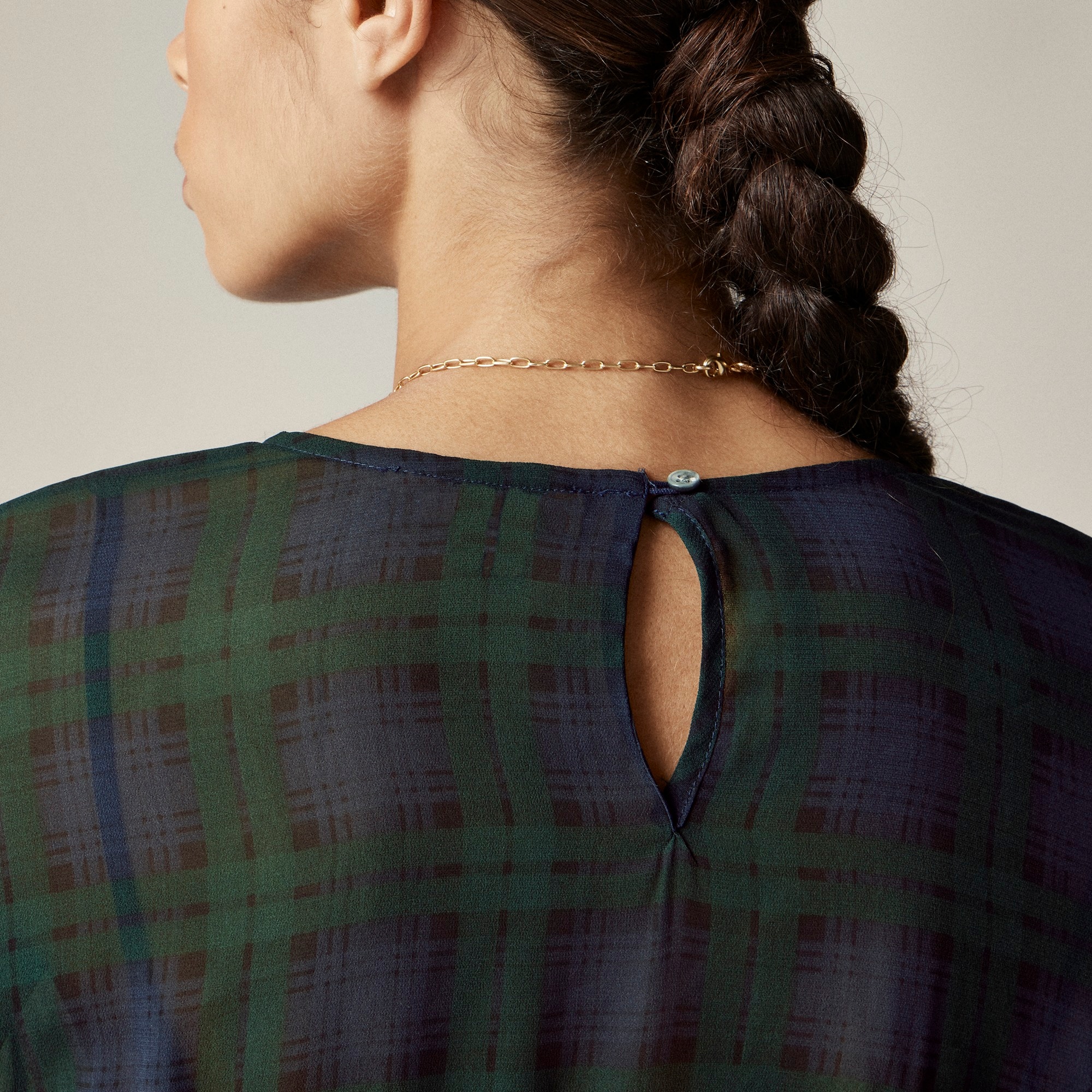 Chiffon shirred-waist top in Black Watch tartan