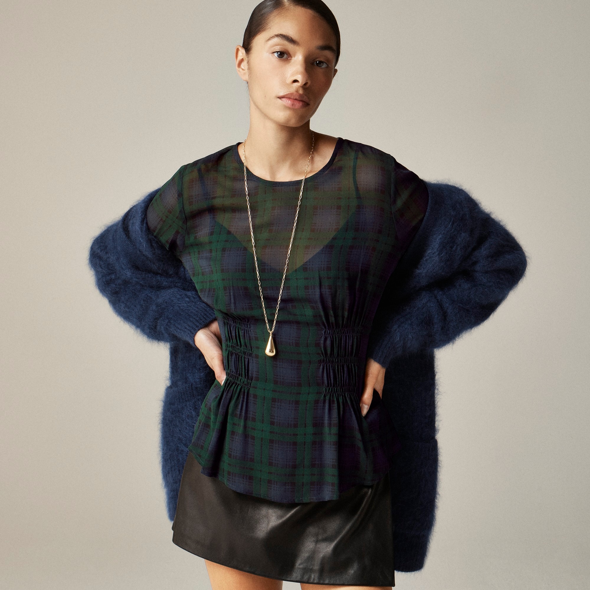 Chiffon shirred-waist top in Black Watch tartan