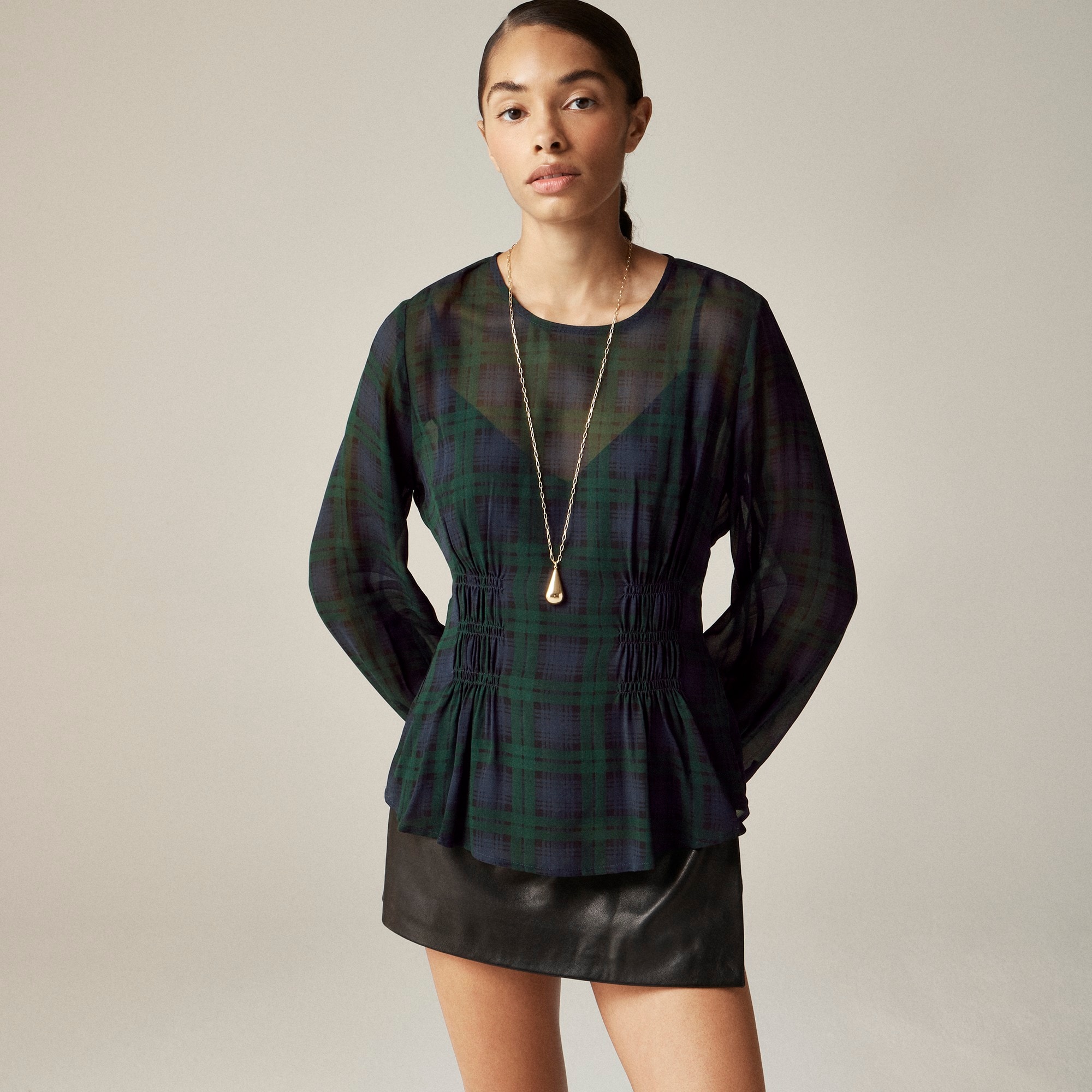 Chiffon shirred-waist top in Black Watch tartan