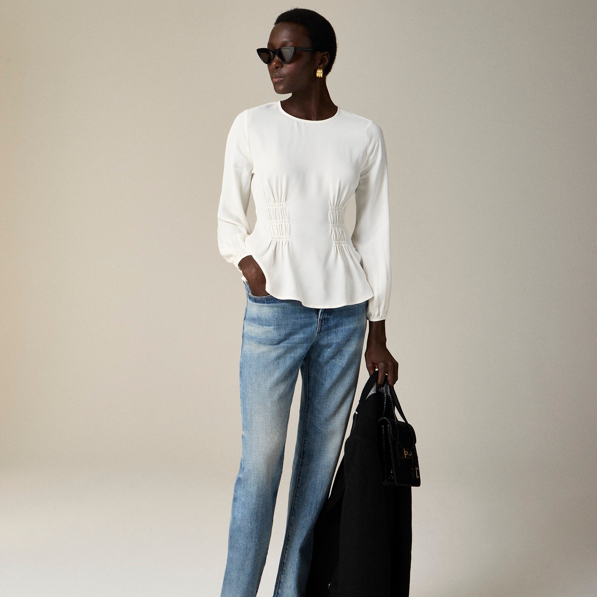 j.crew: shirred-waist top in viscose crepe for women