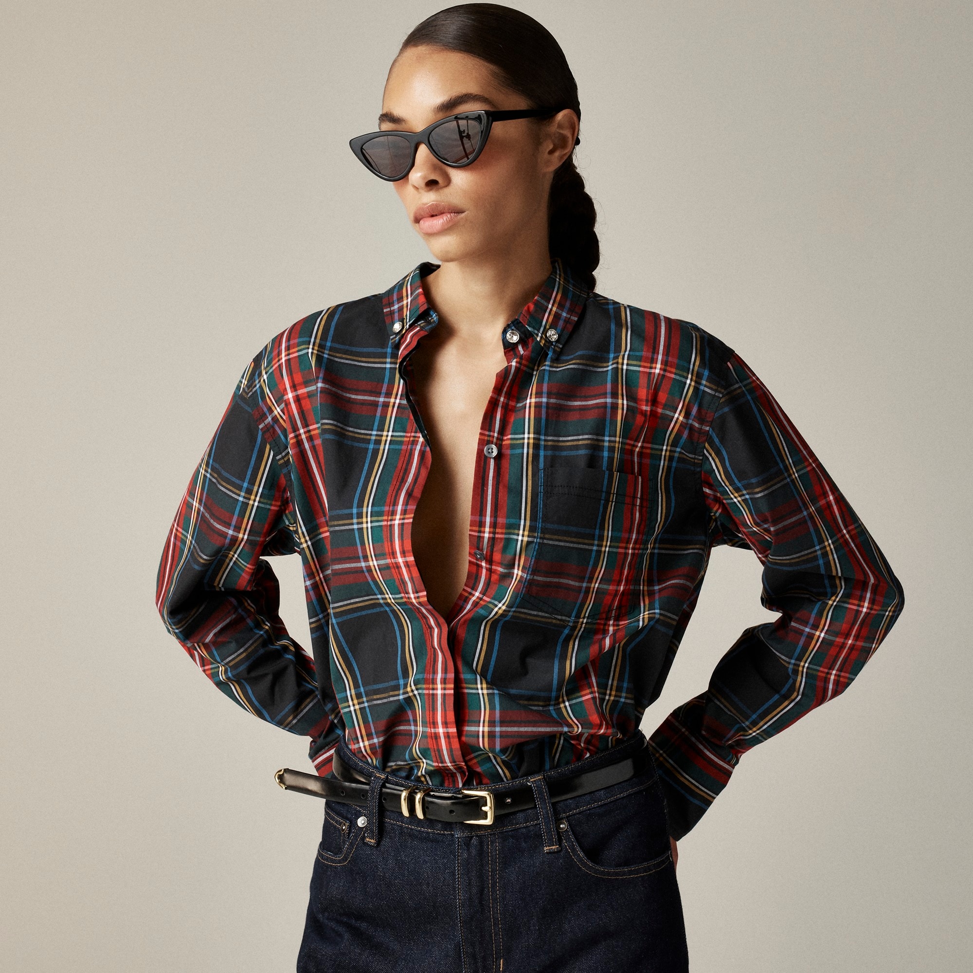 womens Embellished Gar&ccedil;on shirt in Stewart tartan cotton poplin