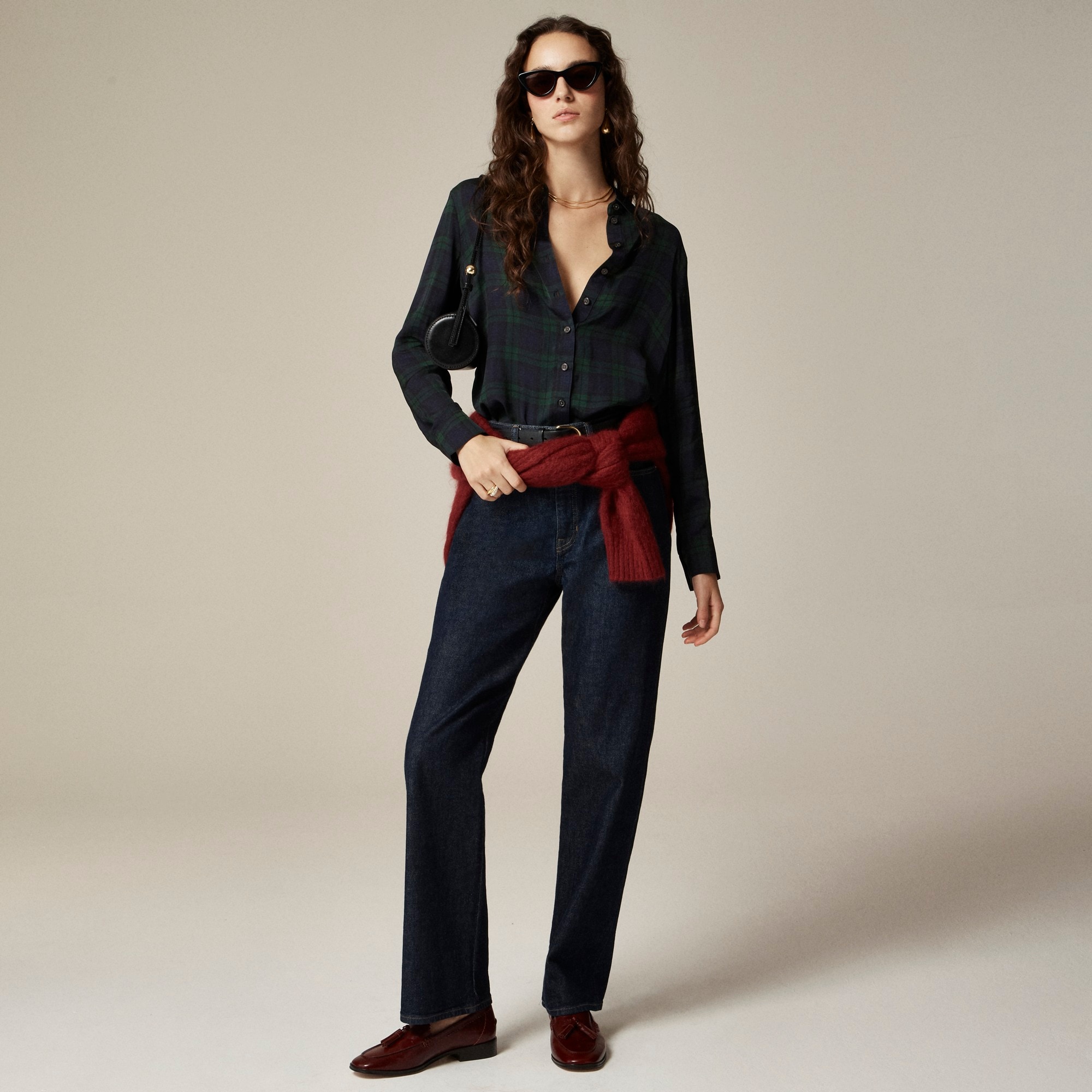 Drapey button-up shirt in Black Watch tartan