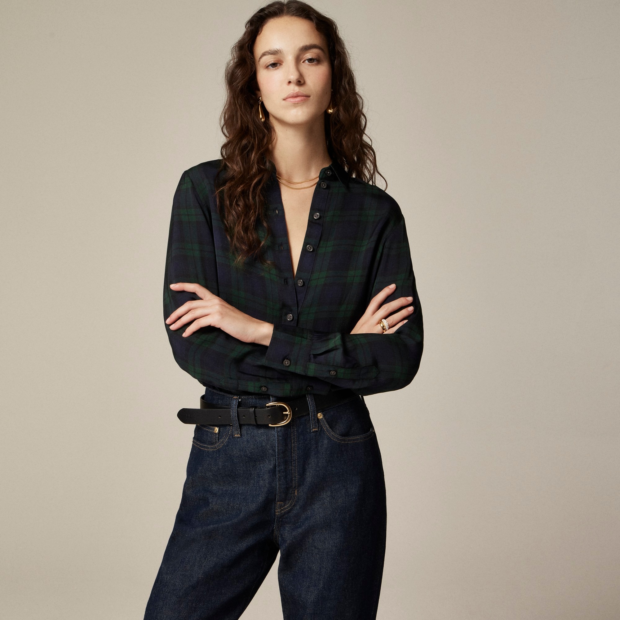 Drapey button-up shirt in Black Watch tartan