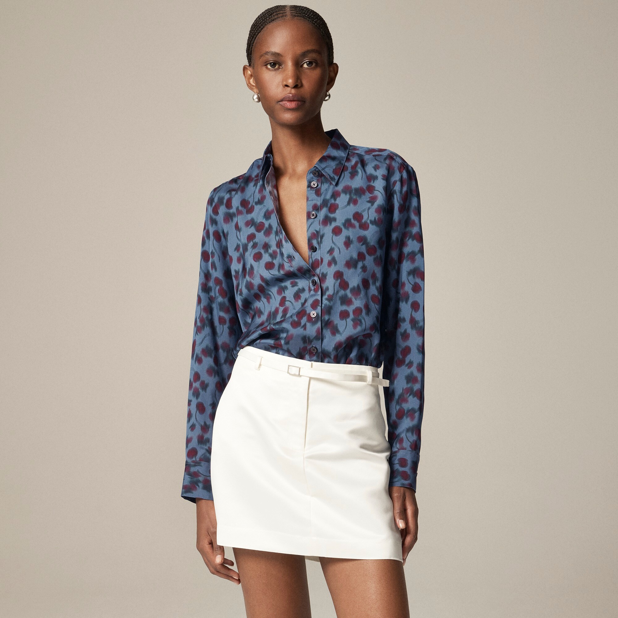  Drapey button-up shirt in cherry-printed viscose twill