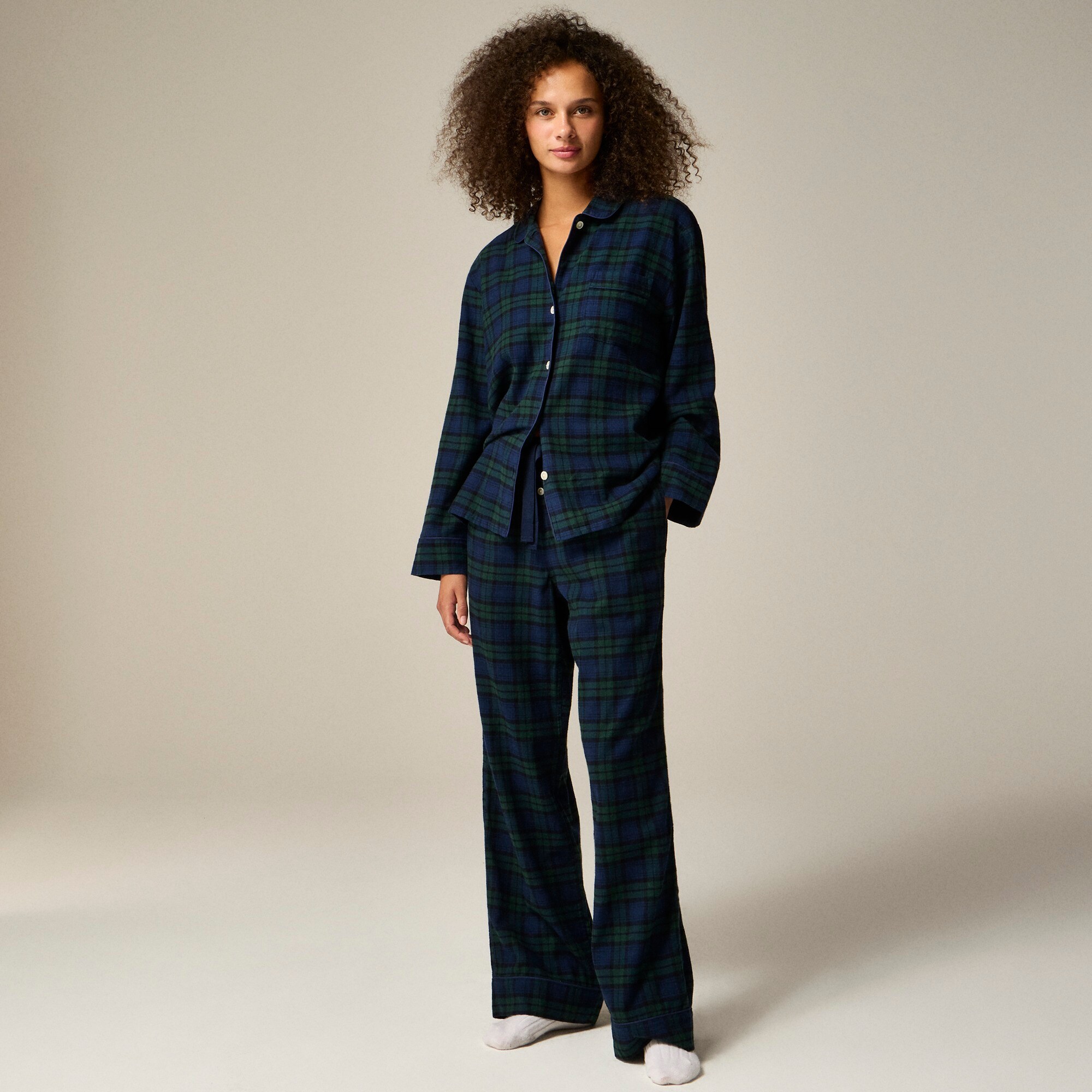 Cotton flannel pajama pant set in Black Watch tartan