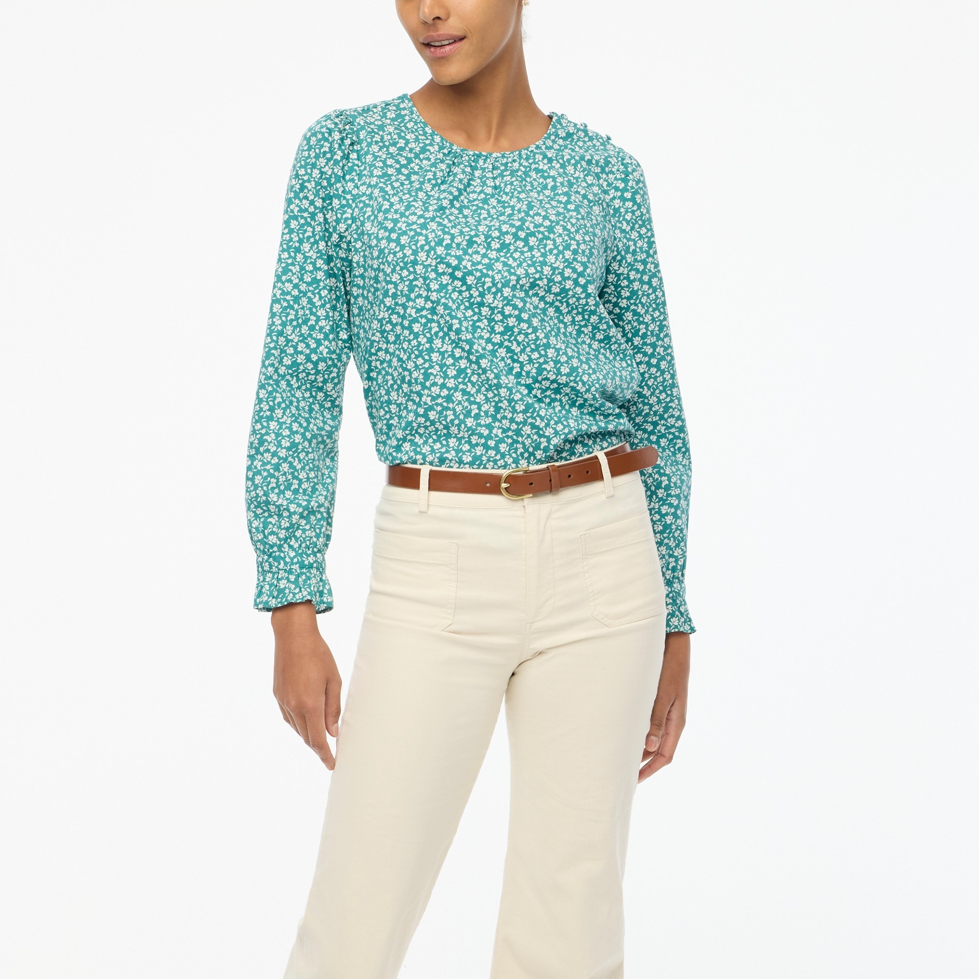 Long-sleeve shirred-neck blouse