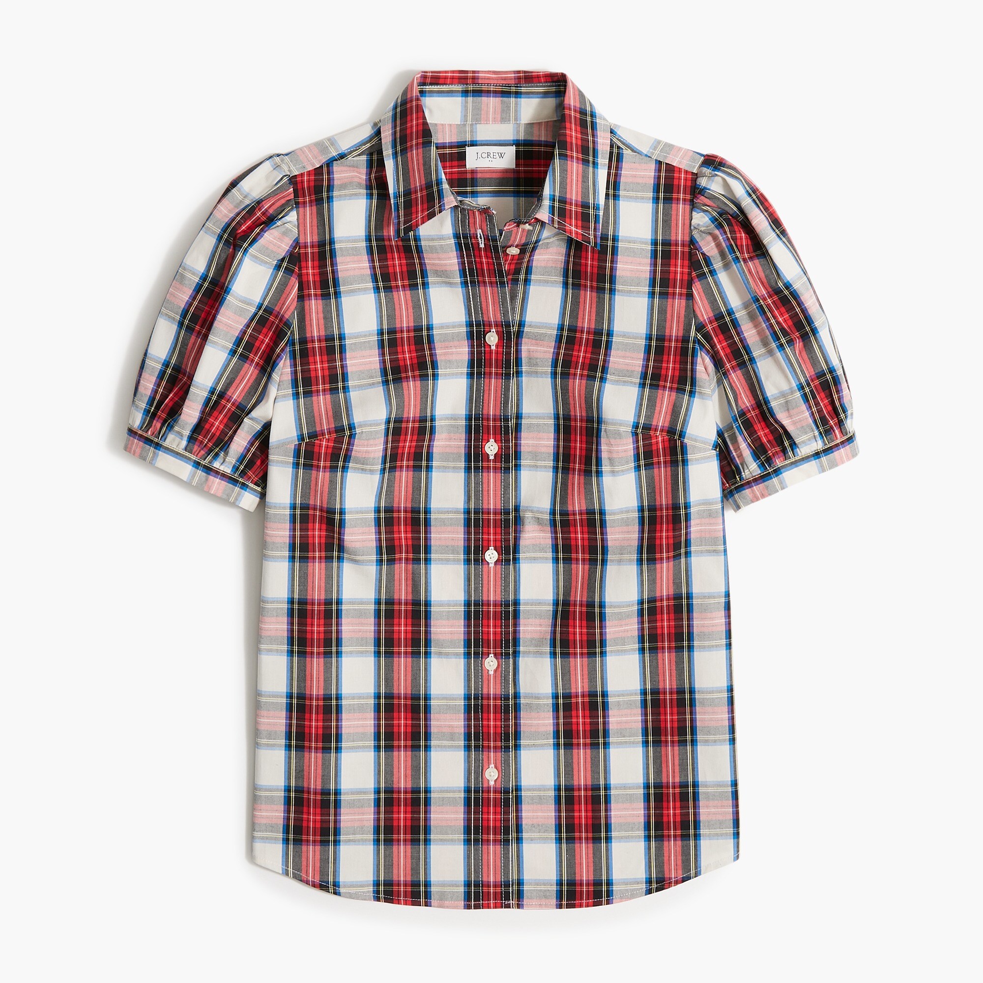 Puff-sleeve tartan button-up shirt