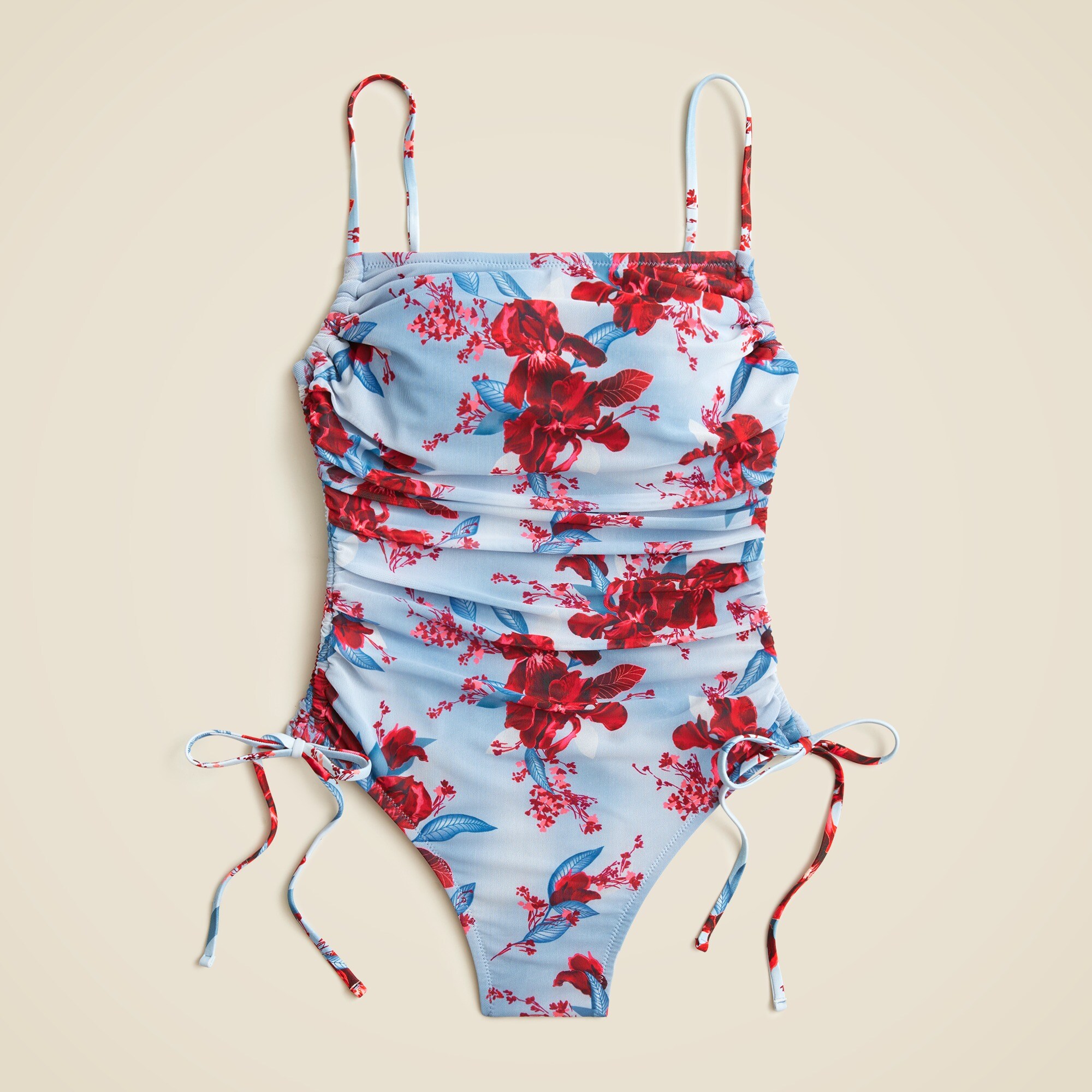 Ruched side-tie one-piece with tulle in floral print
