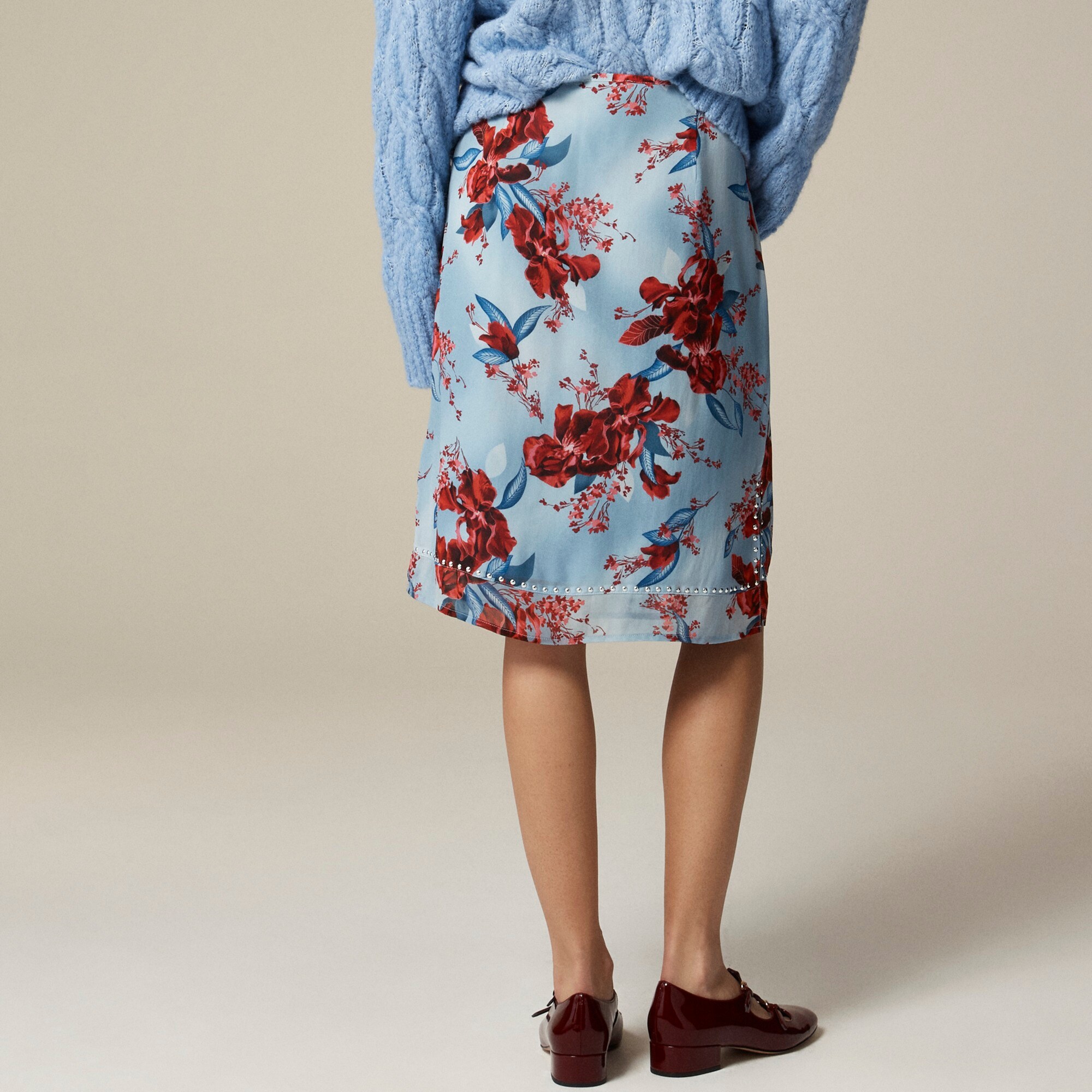 Studded knee-length skirt in floral chiffon