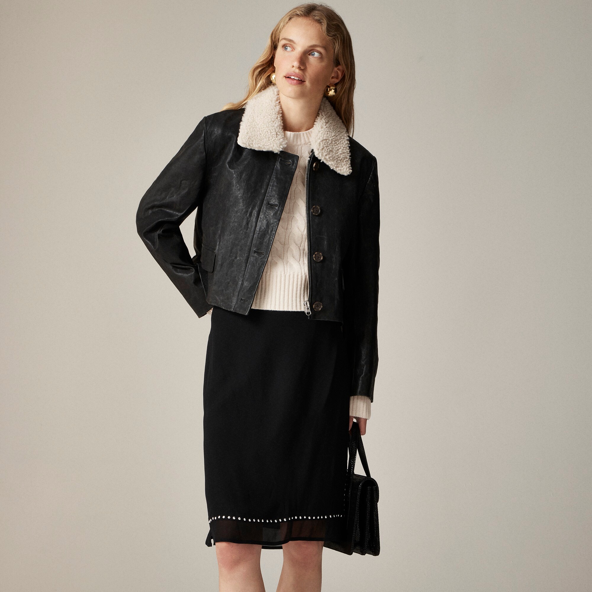 J.Crew Collection Cropped Leather Car Coat With Sherpa Collar For Women
