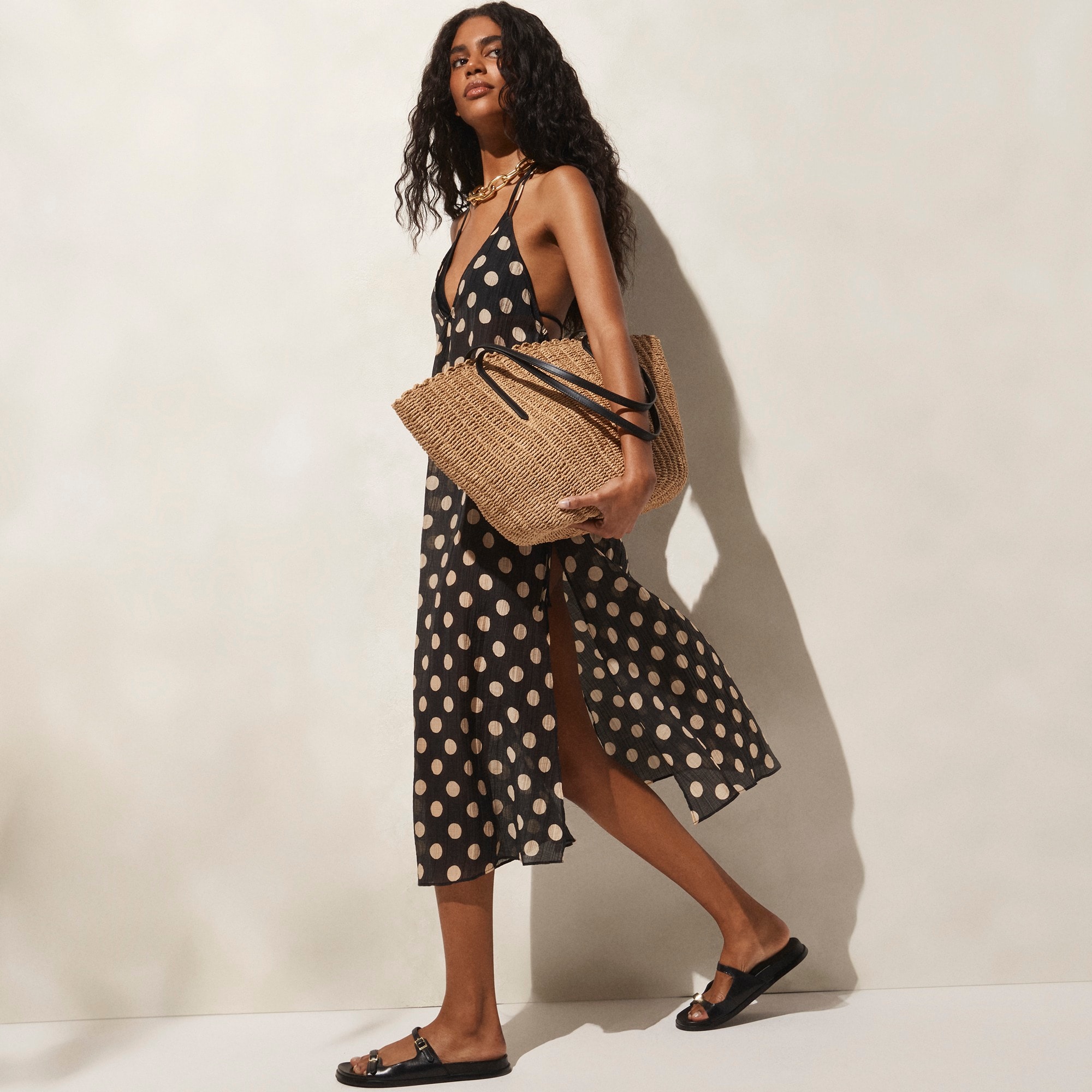 Crinkle side-tie dress in dot print