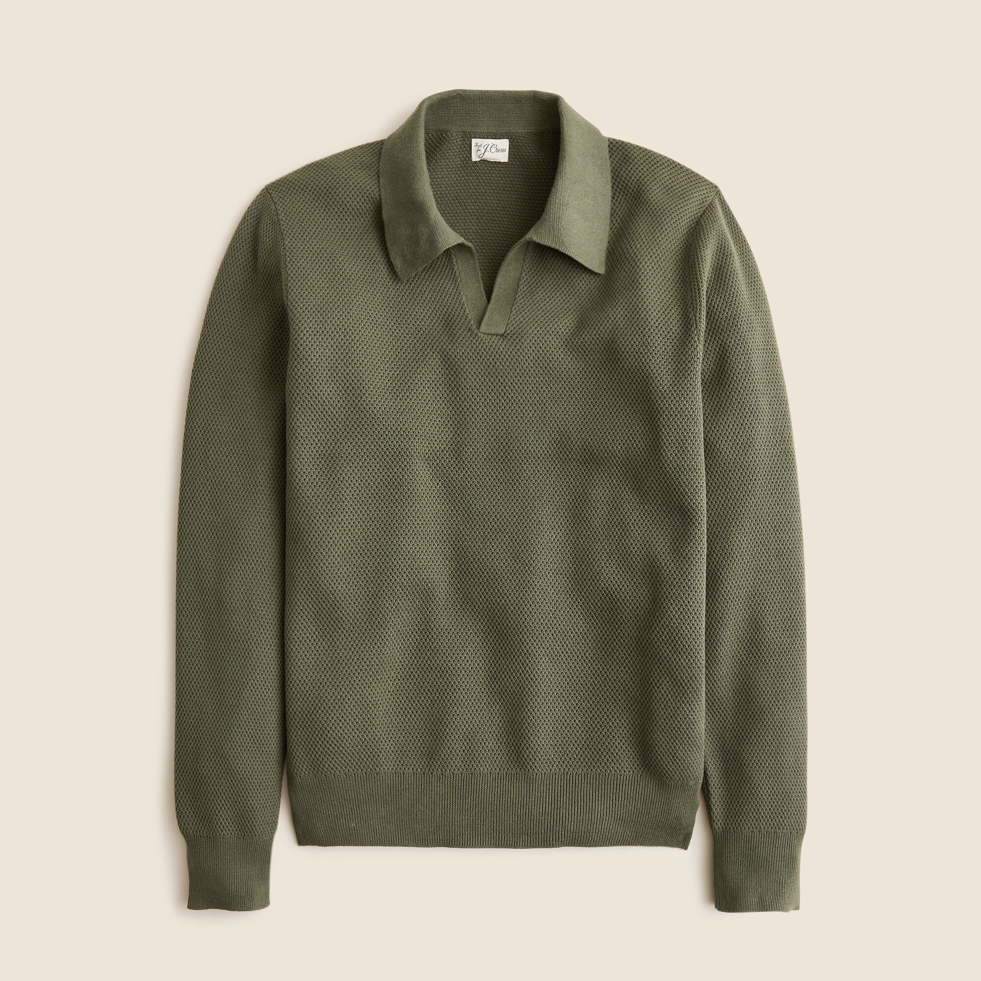 Long-sleeve cotton mesh-stitch johnny-collar sweater-polo