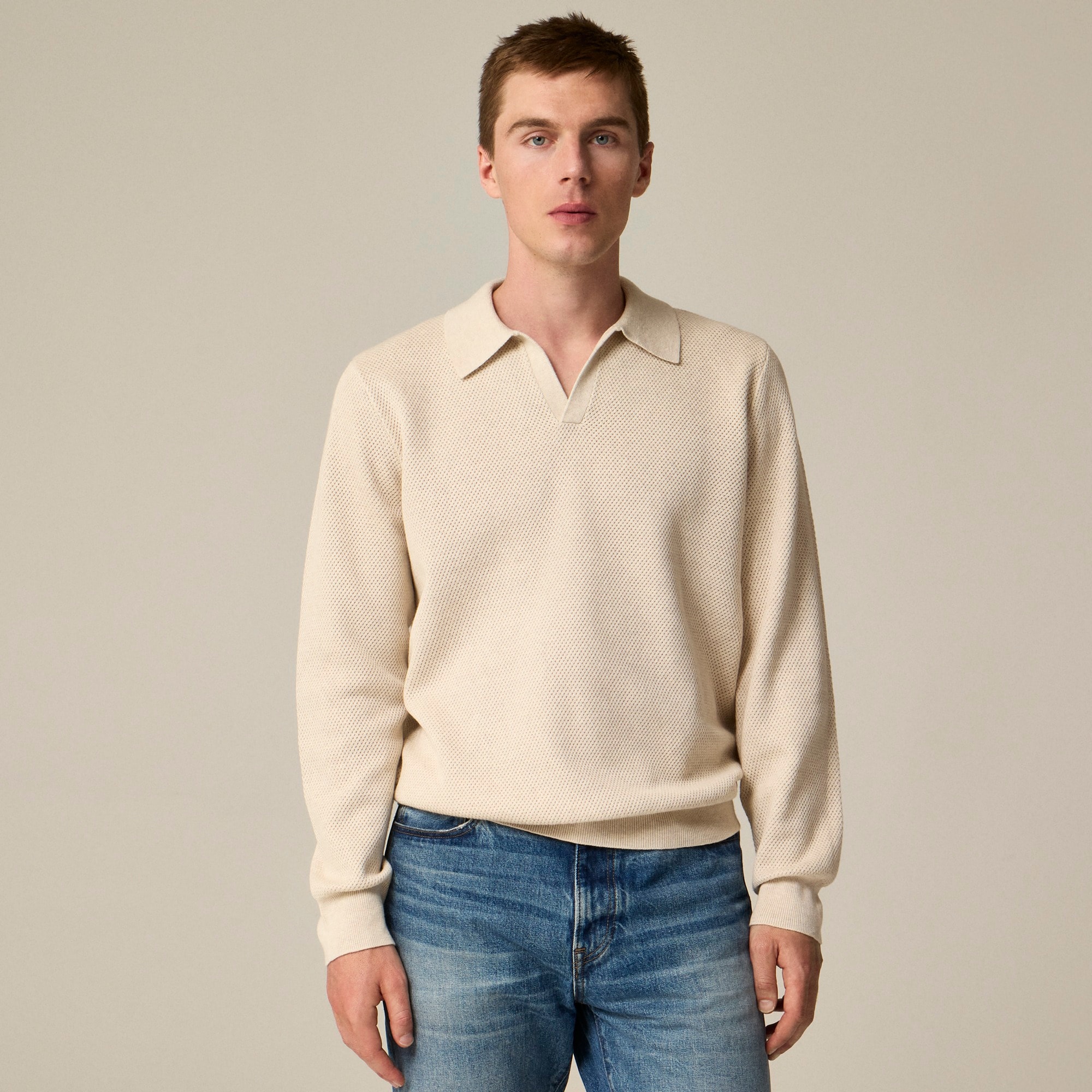  Long-sleeve cotton mesh-stitch johnny-collar sweater-polo