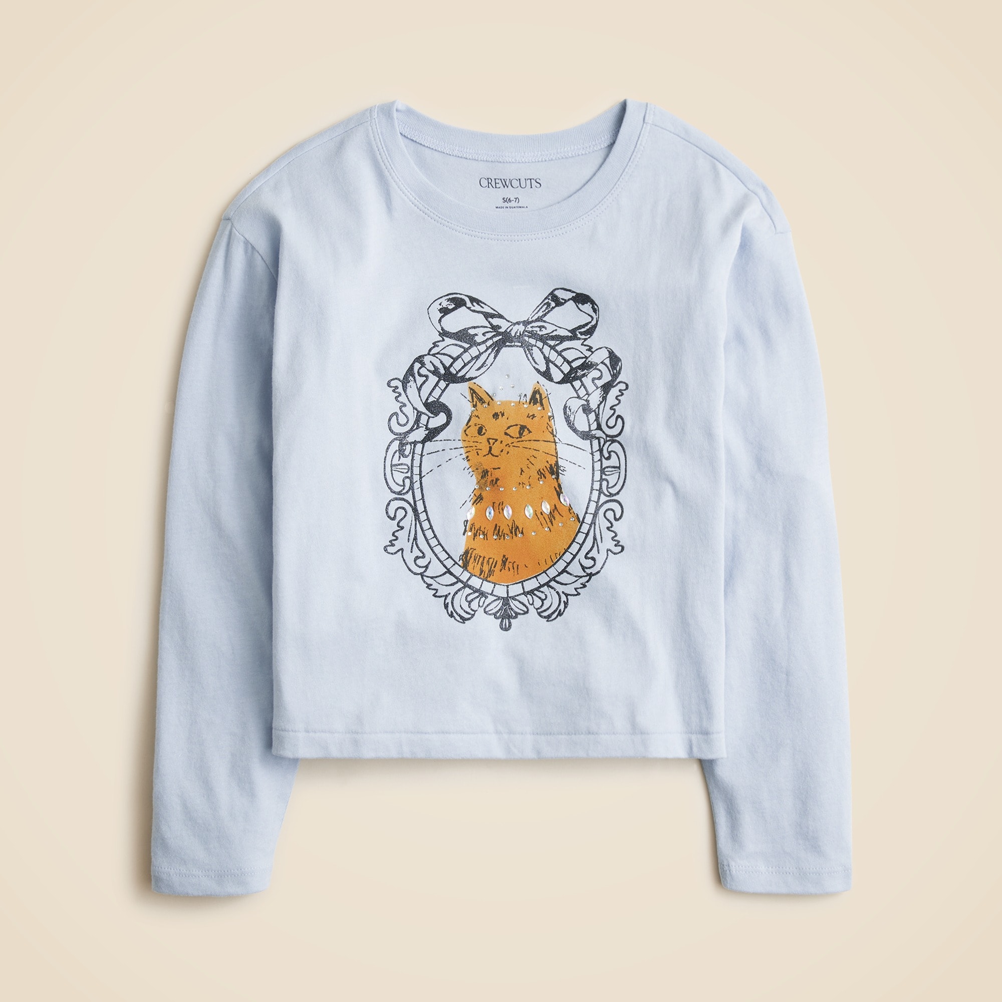  Girls' long-sleeve cat portrait graphic T-shirt